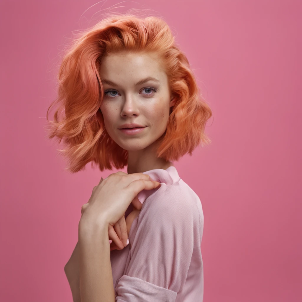 a closeup portrait of a playful maid, undercut hair, apron, amazing body, pronounced feminine feature, kitchen, [ash blonde | ginger | pink hair], freckles, flirting with camera