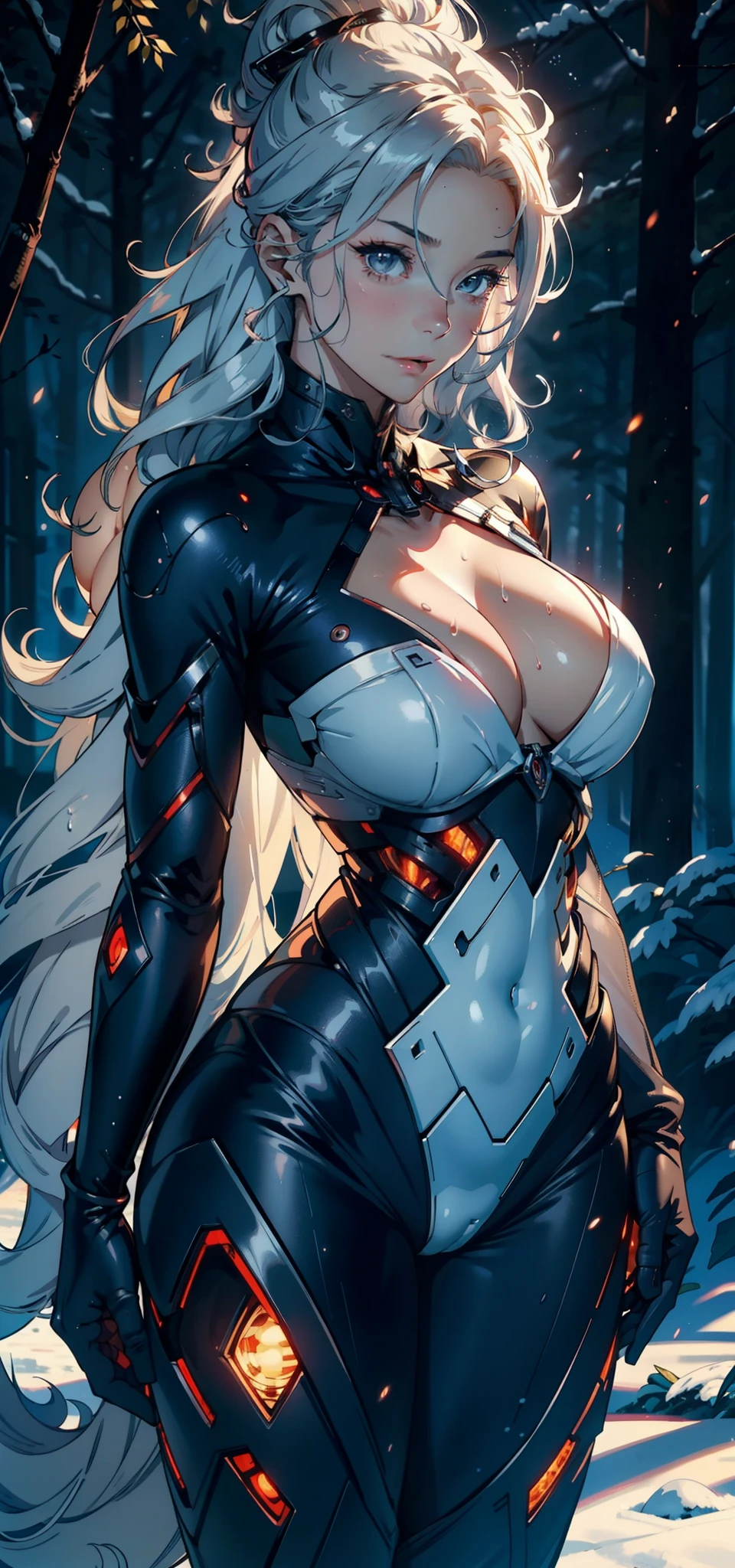 1female，25 age old，Large breasts，Pornographic exposure， 独奏，Dragon Ball Cyborg No. 18（Background with：coniferous forest，at winter season，Snow on the ground） with long white hair， 比基尼，standing on your feet，Sweat profusely，drenched all over the body， curlies， mostly cloudy sky，（（（tmasterpiece），（Very detailed CG unity 8K wallpaper），best qualtiy，cinmatic lighting，detailed back ground，beatiful detailed eyes，Bright pupils，（Very fine and beautiful），（Beautiful and detailed eye description），ultra - detailed，tmasterpiece，）），face to the viewer，A high resolution，ultra - detailed）scifi style，revealing breasts，Bare genitalia， Bulge，Camel toes，Raised sexy，Flushed complexion，Open-mouthed，Front upper body，