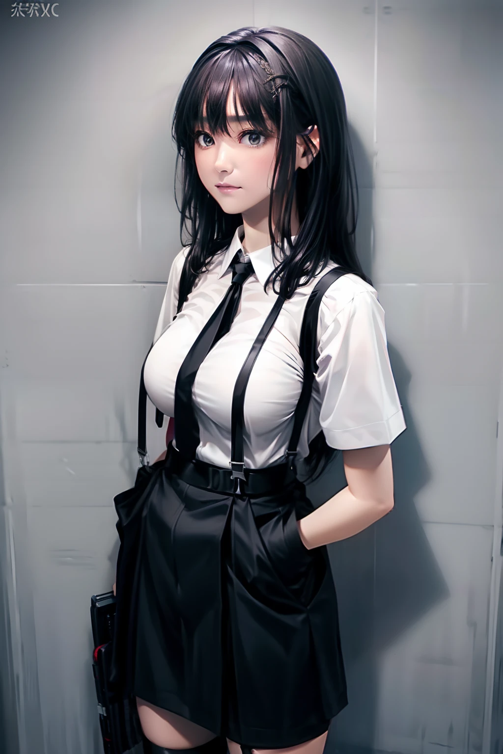 a black skirt, neck tie, Cutter shirt suspenders, Long Black Hair, Gray eyes, holster, Garter belt on the legs, , Big breasts, Pichi Pichi clothes, both sides deadpan Behind