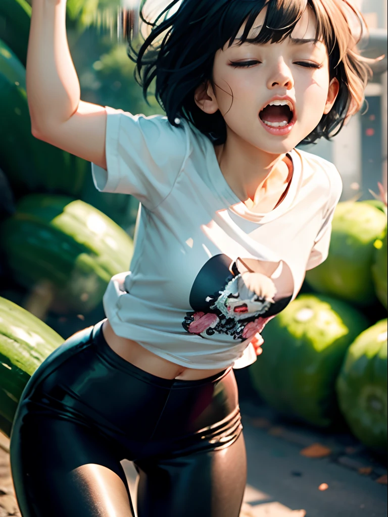 ( Screaming),Reaching the climax:1.３,one girls, short-cut、masutepiece、Bottoms are randomly generated、（ Cucumber Illustration Shirt）、Black leather pants、Dark hair、GI Cut、Eyes closed、rampage、Background bokeh:1.5