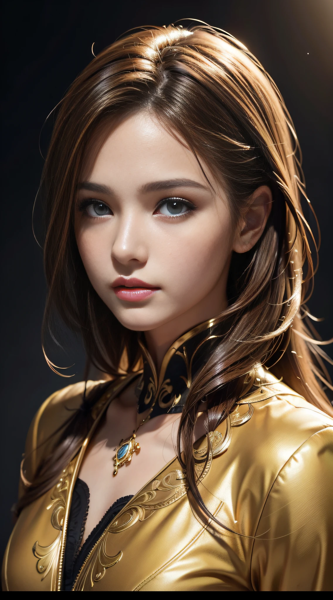best quality, masterpiece, (realistic:1.2), 1 girl, brown hair, brown eyes, Front, detailed face, beautiful eyes, wear golden black suit, best quality, masterpiece, (realistic:1.2), 1 girl, detailed face, beautiful eyes, [(Transparent background:1.5)::5], (((masterpiece))), (((best quality))),(((extremely detailed))), illustration, 1girl, solo, mysterious, multi-color eyes, detailed eyes, hyper detailed, light smile, highly detailed, beautiful, small details, ultra detailed, best quality, intricate, 4k, 8k, trending on art station, good anatomy, beautiful lighting,
