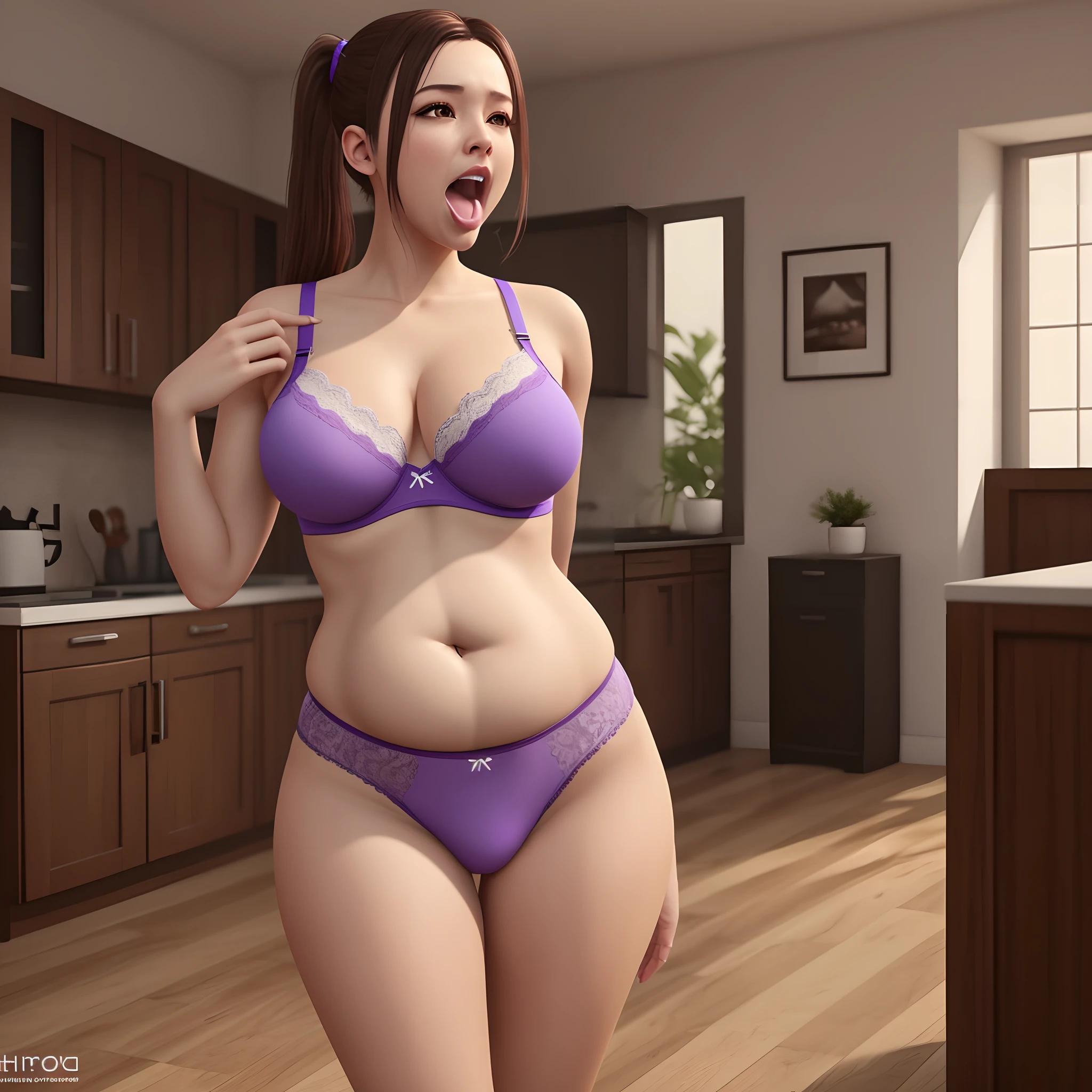 Plump girl, big belly, tight thighs, belly button, young sister, 1 person, mouth open, tongue roll, salivating mouth, saliva, horny, cute, touching belly, purple underwear, purple eyes, thick butt, brown hair, two ponytails, wet underwear, standing, standing shy, tease,house, house at night, shy, 4k, 8k, Nvidia rtx, high quality, photography, photorealistic, hyperx, Instagram