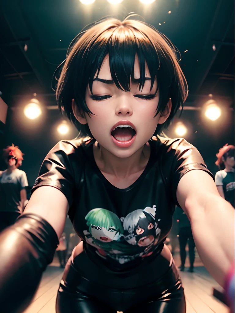 ( Screaming),Reaching the climax:1.3,one girls, short-cut、masutepiece、Bottoms are randomly generated、( Cucumber Illustration Shirt)、Black leather pants、Dark hair、GI Cut、Eyes closed、rampage、Background bokeh:1.5