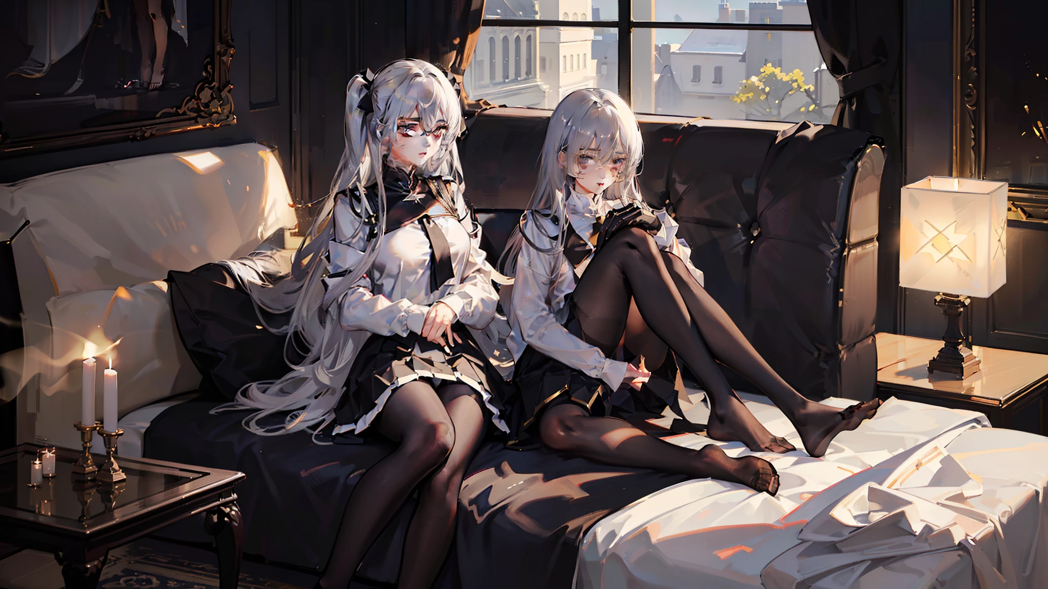 (((Half naked anime girl lying on sofa undressing with her hands，，Hands on the upper and lower legs of the naked body，black uniforms，black reotard，Primetime light and shadow black pantyhose)),Ray tracing,(Dim lighting，luz de velas，waxy candles),[Detailed background (Bedroom)),((Silver hair)),((Dark hair)),(((Fluffy silver hair, plump and slender girl)))golden hair，Golden Eyes Avoid seeing golden eyes in an ominous bedroom ((((Girl in white shirt, Take off your black crinkled skirt，Prime hour light and shadow，