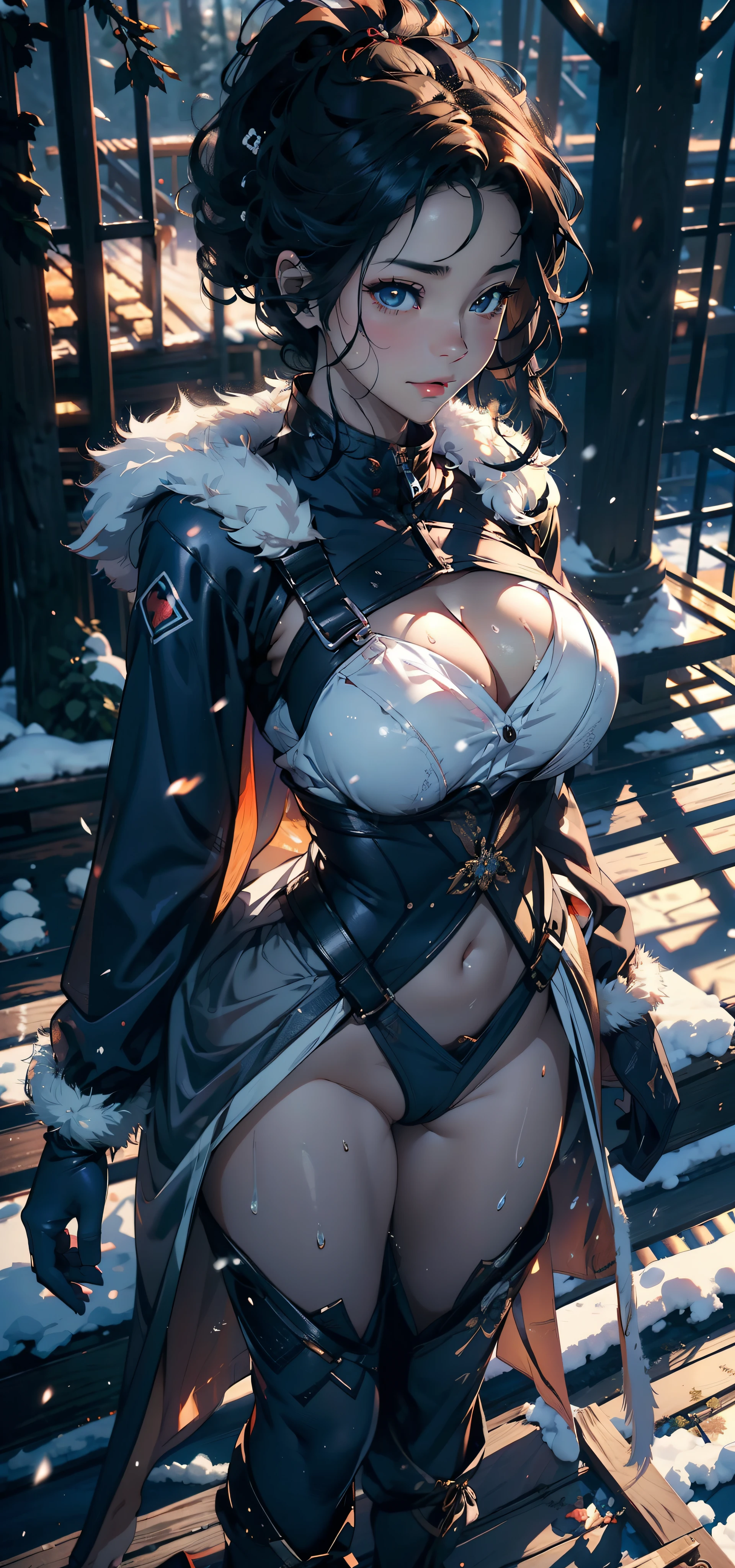 1female,25 age old,Large ,Pornogr exposure, 独奏,(Background with:ports,coniferous forest,at winter season,Snow on the ground) with his long black hair, 比基尼,standing on your feet,Sweat profusely,drenched all over the body,seen from the front, curlies, mostly cloudy sky,(((tmasterpiece),(Very detailed CG unity 8K wallpaper),best qualtiy,cinmatic lighting,detailed back ground,beatiful detailed eyes,Bright pupils,(Very fine and beautiful),(Beautiful and detailed eye description),ultra - detailed,tmasterpiece,)),facing at camera,A high resolution,ultra - detailed),revealing breasts,Barelia, Bulge,Camel toes,Raised sed complexion,Openuthed,frontage,Supergirl,down jacket,Fur collar