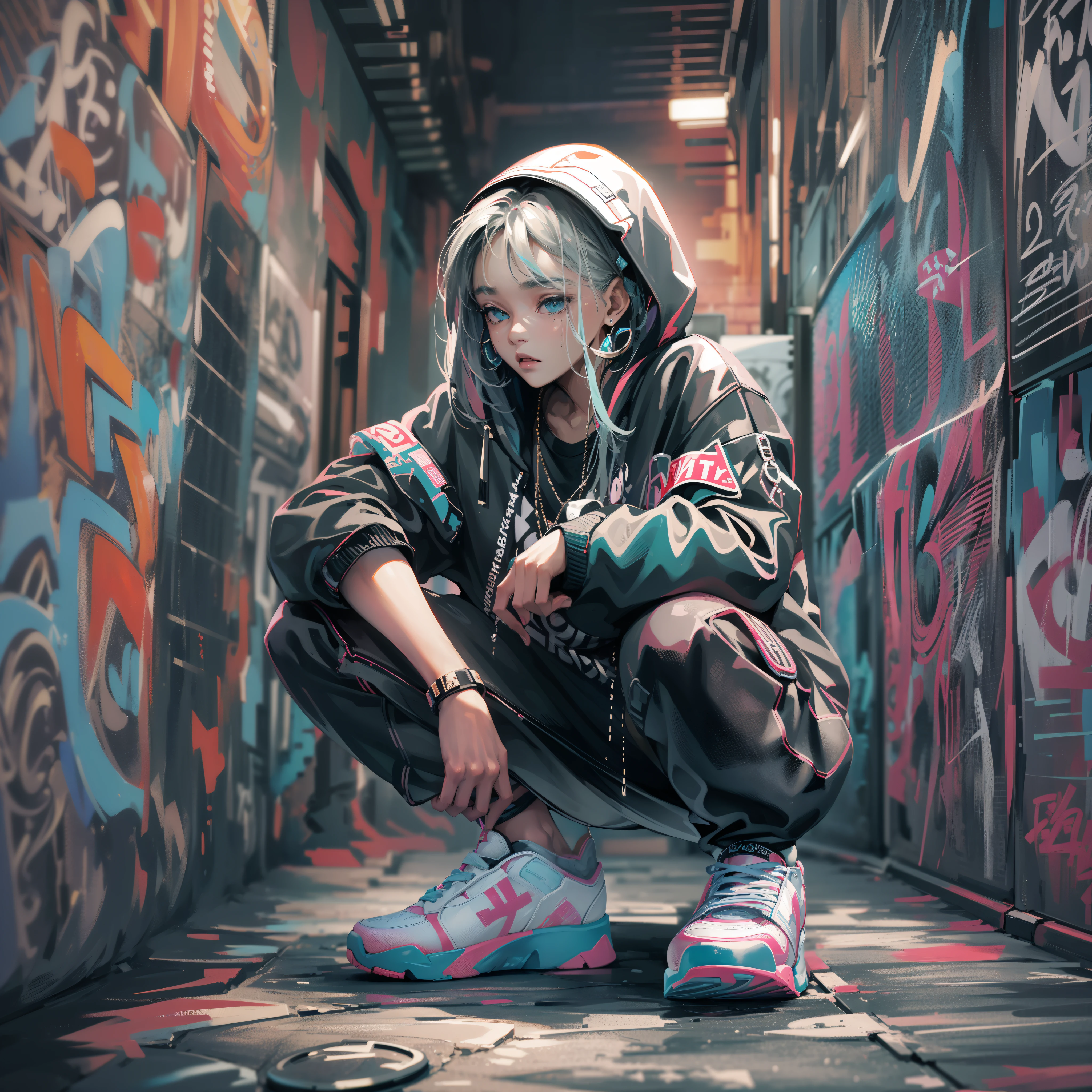 One Girl In A Back Alley、(Super Detail)、(8K)、((Hip Hop Fashion))、(graffiti wall)、(full body Esbian)、(hyperdetailed face)、(Cool Face)、(crouching down)