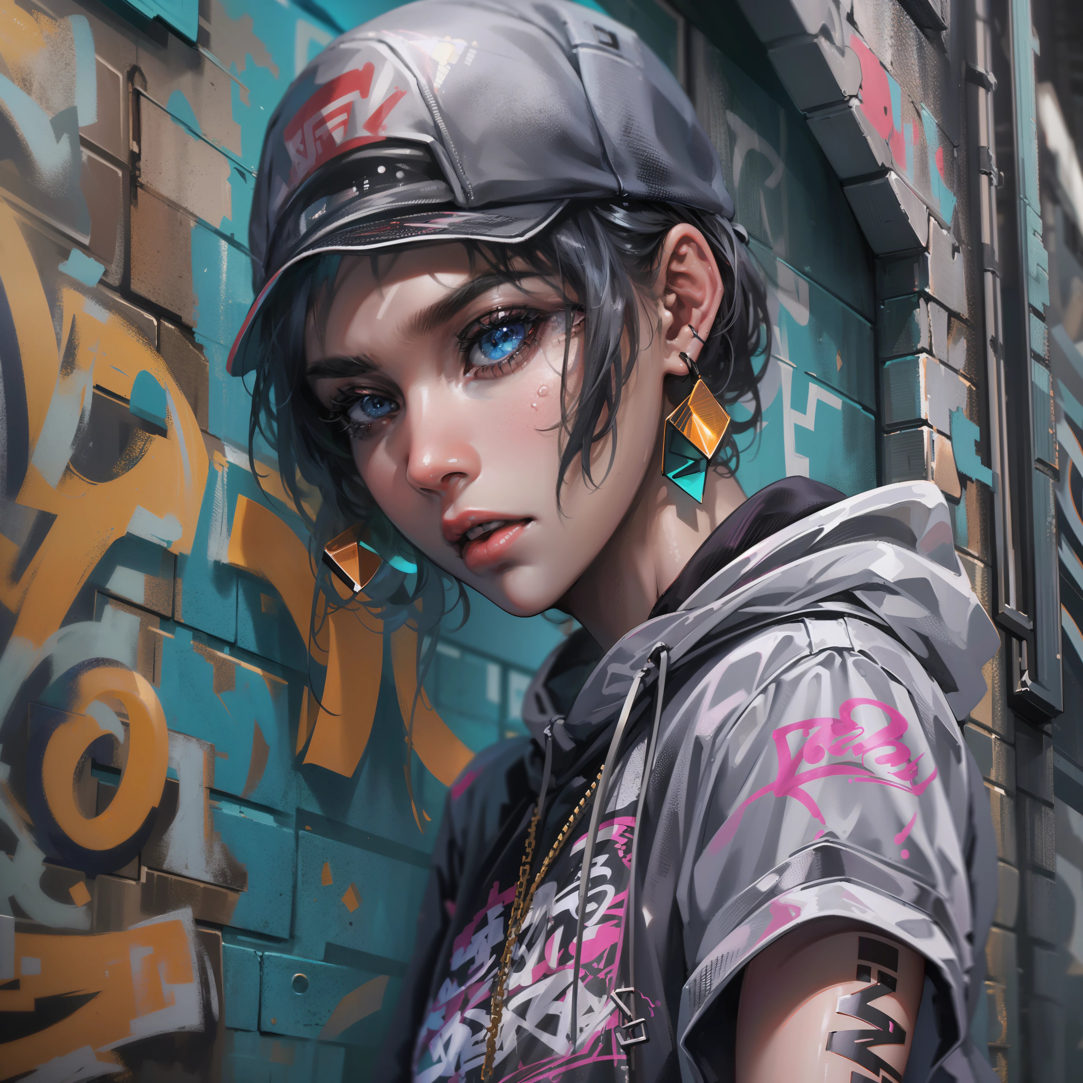 One Girl In A Back Alley、(Super Detail)、(8K)、((Hip Hop Fashion))、(graffiti wall)、(full body Esbian)、(hyperdetailed face)、(Cool Face)、(crouching down)