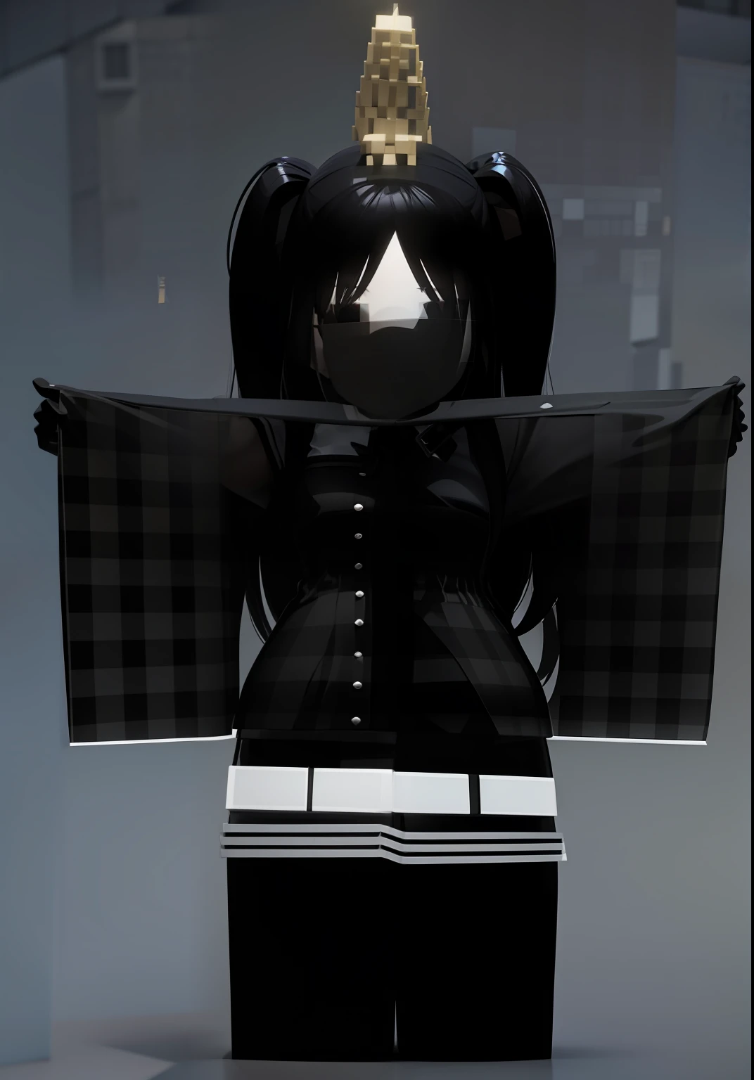 There is a black and white doll with a black and white plaid dress, avatar roblox, anime estilo 3d, epic 3 d abstract emo girl, anime vtuber modelo de corpo inteiro, 3d anime, breu pele negra, ( ( ( ( 3D-rendering ) ) ) ), pele negra breu, pele cinzenta escura, menina emo, oc renderizado