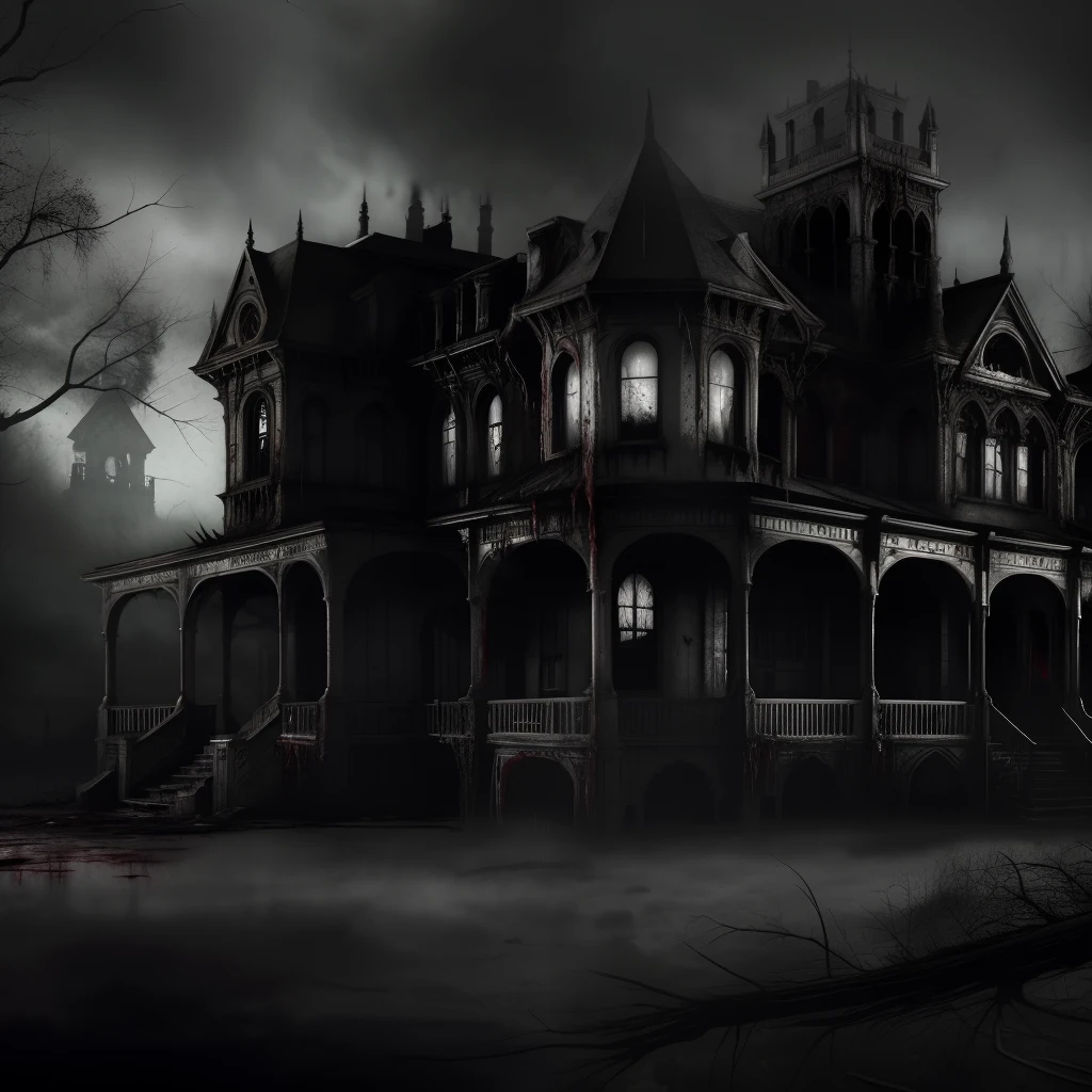 A disgusting Ghost stands above a large Victorian mansion, found footage, blood dripping, hellish, tainted, terrifying, horror, redacted, dark, human experiment, hideous, teeth, tongues, sinister, hostile, malevolent energy, pathogenic mutation, biological, nightmare, rusty, grunge, helpless, moody, desperate, strange, humanoid, aberration, death, lonely, ominous, horror, dramatic, atmospheric, high detail, zoomed out, long shot,