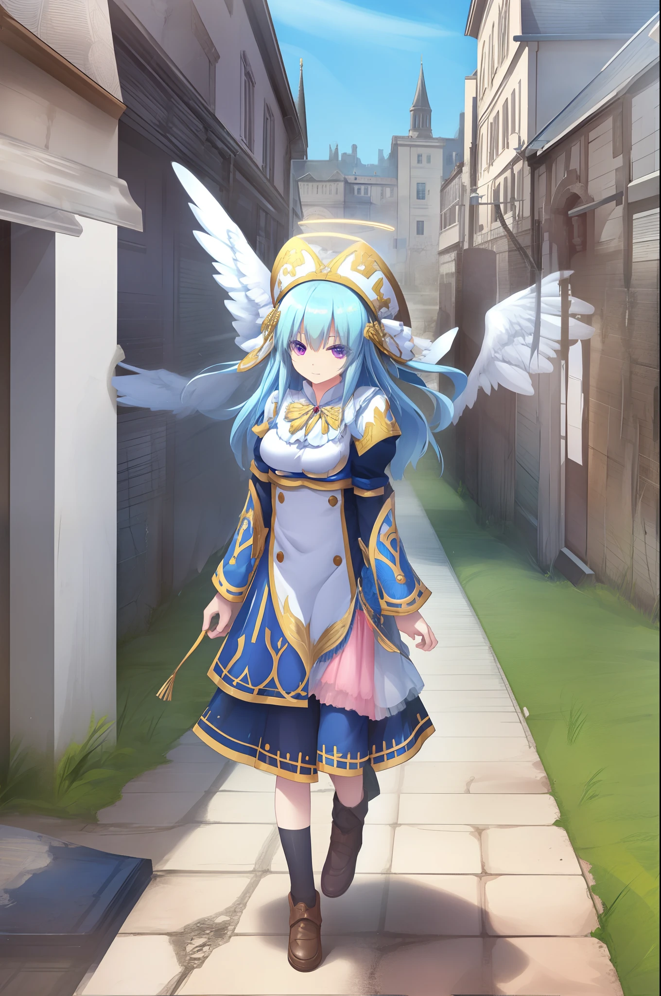 Eureshya, full body, smile, walking in european village,,full clothted, angel wings