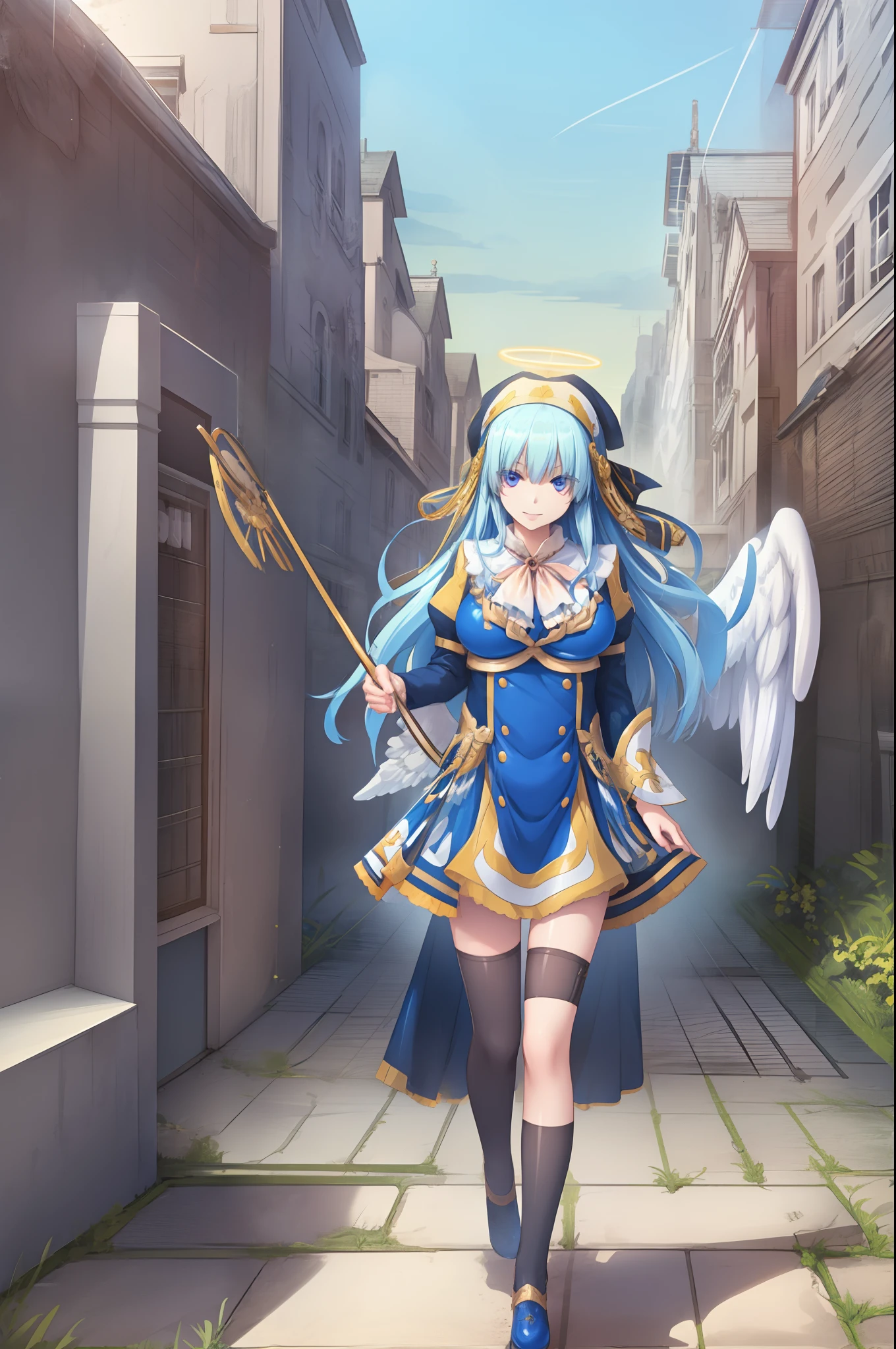 Eureshya, full body, smile, walking in european village,,full clothted, angel wings