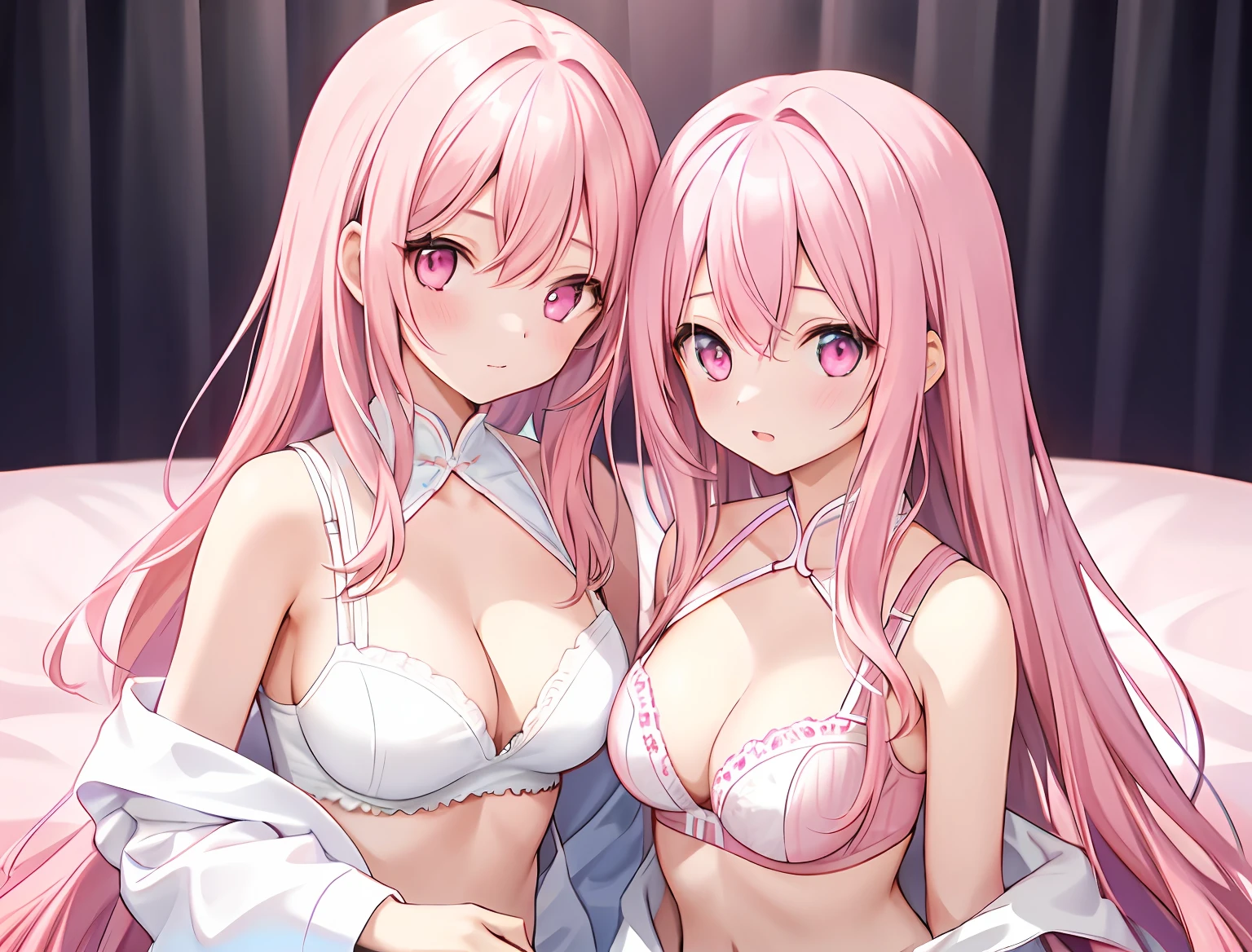 2girls，A pink-haired，long whitr hair，mediuml breasts，Wear only a bra，Breast collision，Line panties