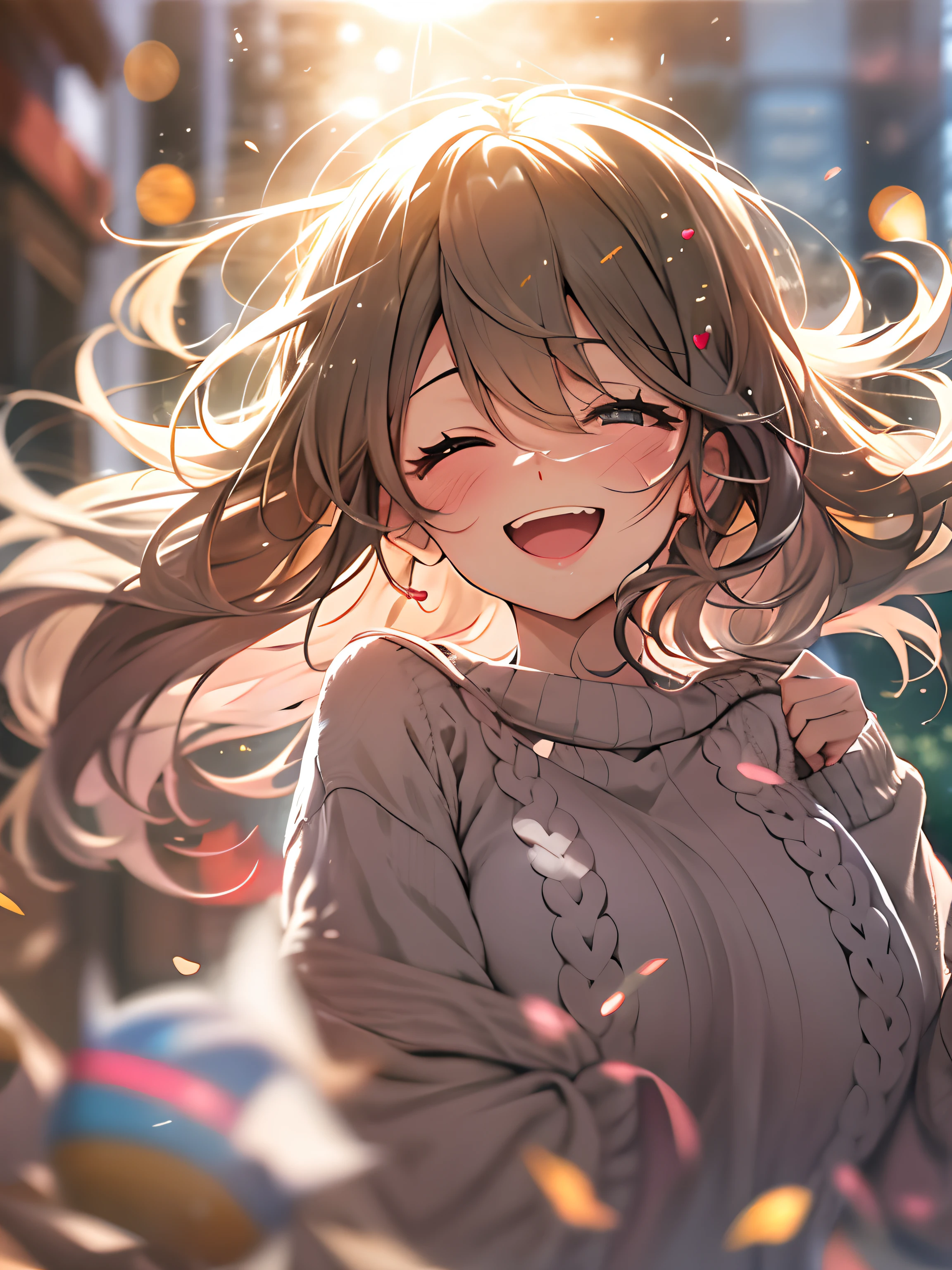 a girl, cosy sweater on, upper body, (huge Laughing:1.1), (open mouth:1.1), (wide open eyes:1.2), sun glare, bokeh, depth of field, blurry background, light particles, strong wind, (heart particles:1.1)