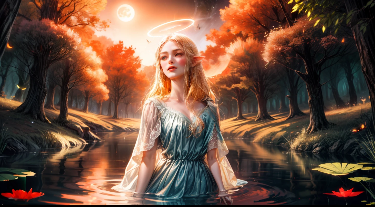 high detail, illustration, poster, movie poster, galadriel from lord of the rings in a white shiny semitransparent lace dress, half submerged in a pond, all kinds of insects surrounding her, she sings with her eyes closed, the forest of middle earth is around her, she lingers on the side, her presence emits an aura of a glowing halo, it is night and the sky is barely seen because of the tree tops hiding it, however a few lightbeams get through the leaves, it is the light of the moon, but it is a blood moon, so everything glows in red and orange and fireflies contribute to the lighting spectacle