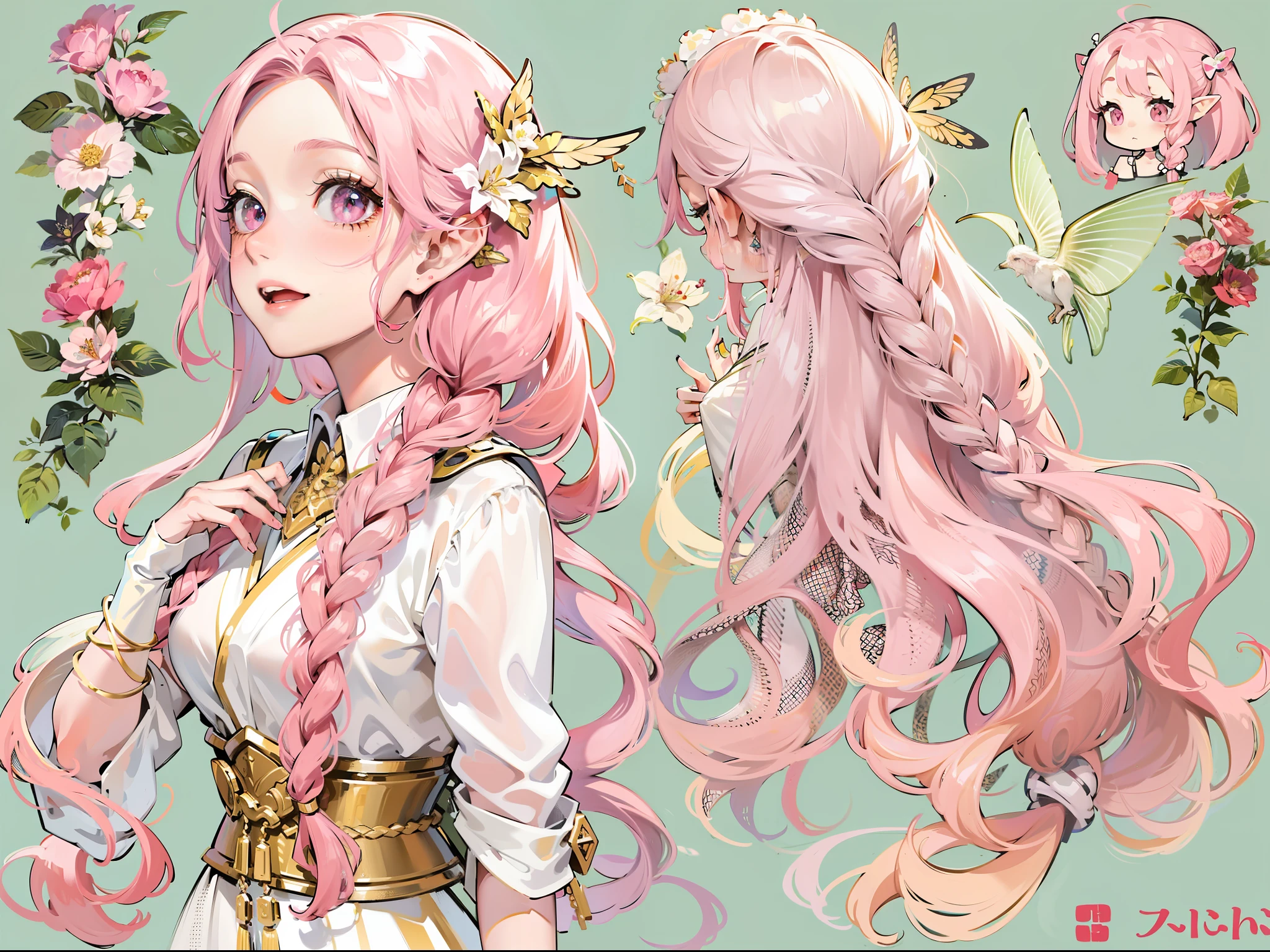 A beautiful pink-haired girl,Extremely long hair,Tie-double twisted braids,The hair color is white and pink,He wears a golden hairpin,Wear florets on each side,wears a white dress,The lower body is wearing white stockings,without wearing shoes,With a bright and healing smile,The sky is shining,the elf,It has transparent wings,faeries,epic exquisite character art, Amazing characters,Japanese theme(reference sheet:1.5)