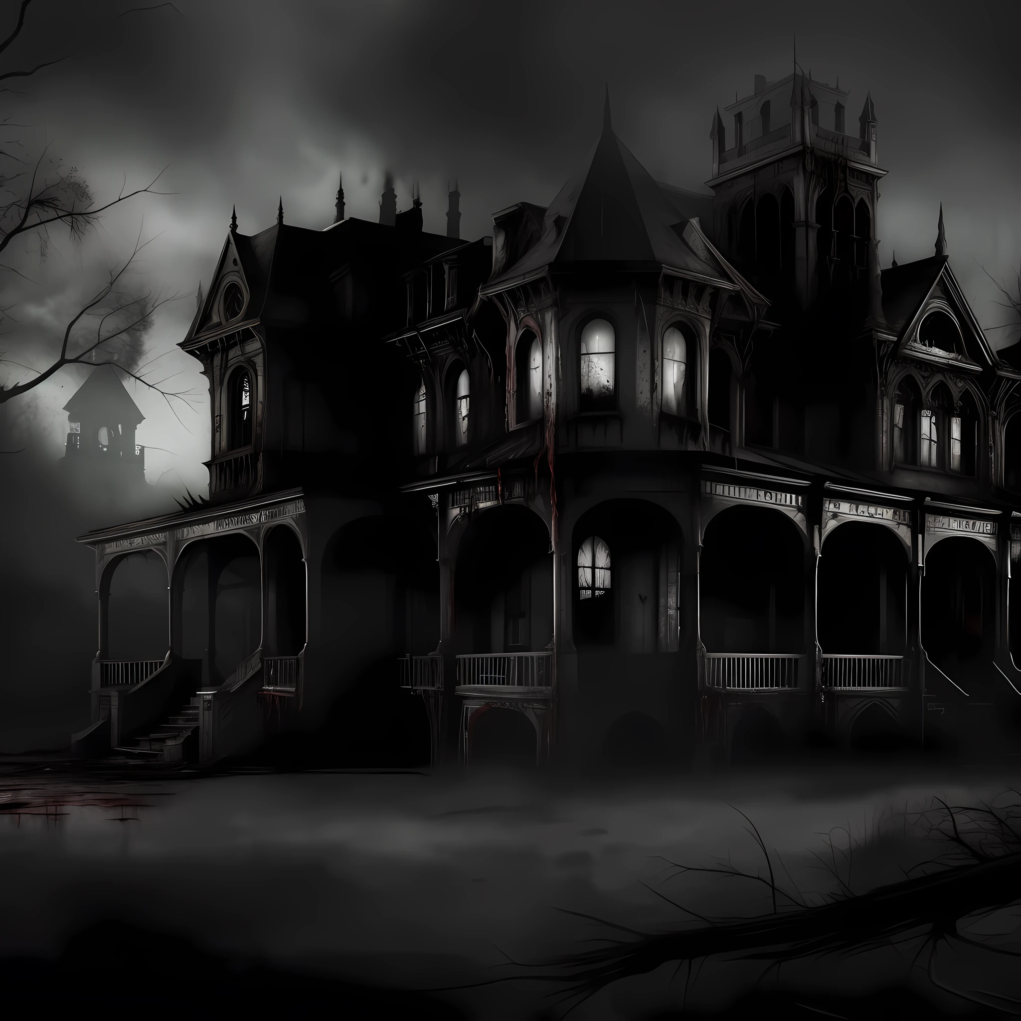 A disgusting Ghost stands above a large Victorian mansion, found footage, blood dripping, hellish, tainted, terrifying, horror, redacted, dark, human experiment, hideous, teeth, tongues, sinister, hostile, malevolent energy, pathogenic mutation, biological, nightmare, rusty, grunge, helpless, moody, desperate, strange, humanoid, aberration, death, lonely, ominous, horror, dramatic, atmospheric, high detail, zoomed out, long shot,