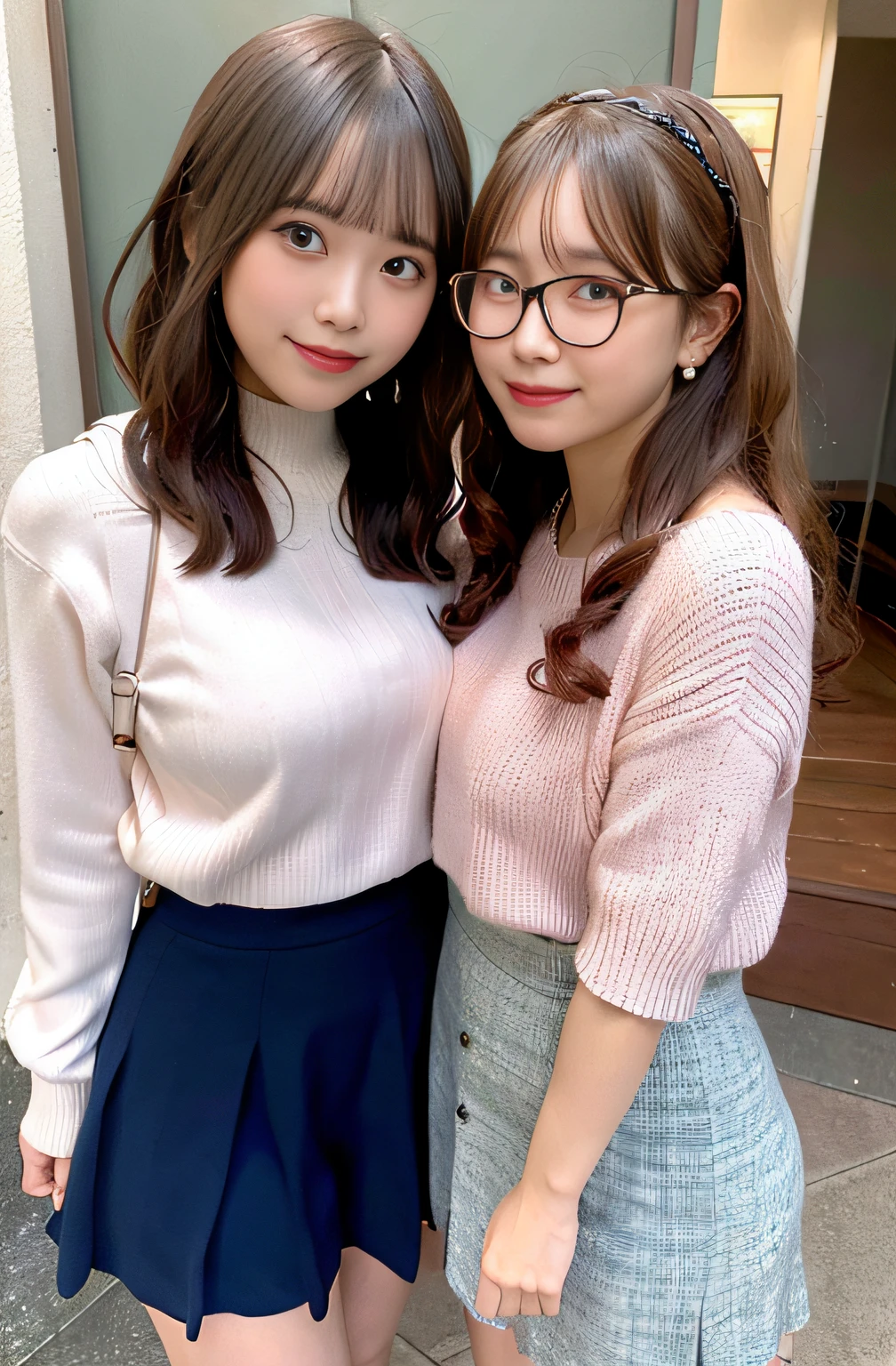 ​masterpiece, Better Quality, hight resolution, Two girls side by side,knit、One wears glasses、pink color clothes、a short skirt、Pants are visible、full body Esbian、the kiss、Curly hair, A smile,Waki、 happily face, sweat drop,(huge-breasted:1.1)、thighs thighs thighs thighs