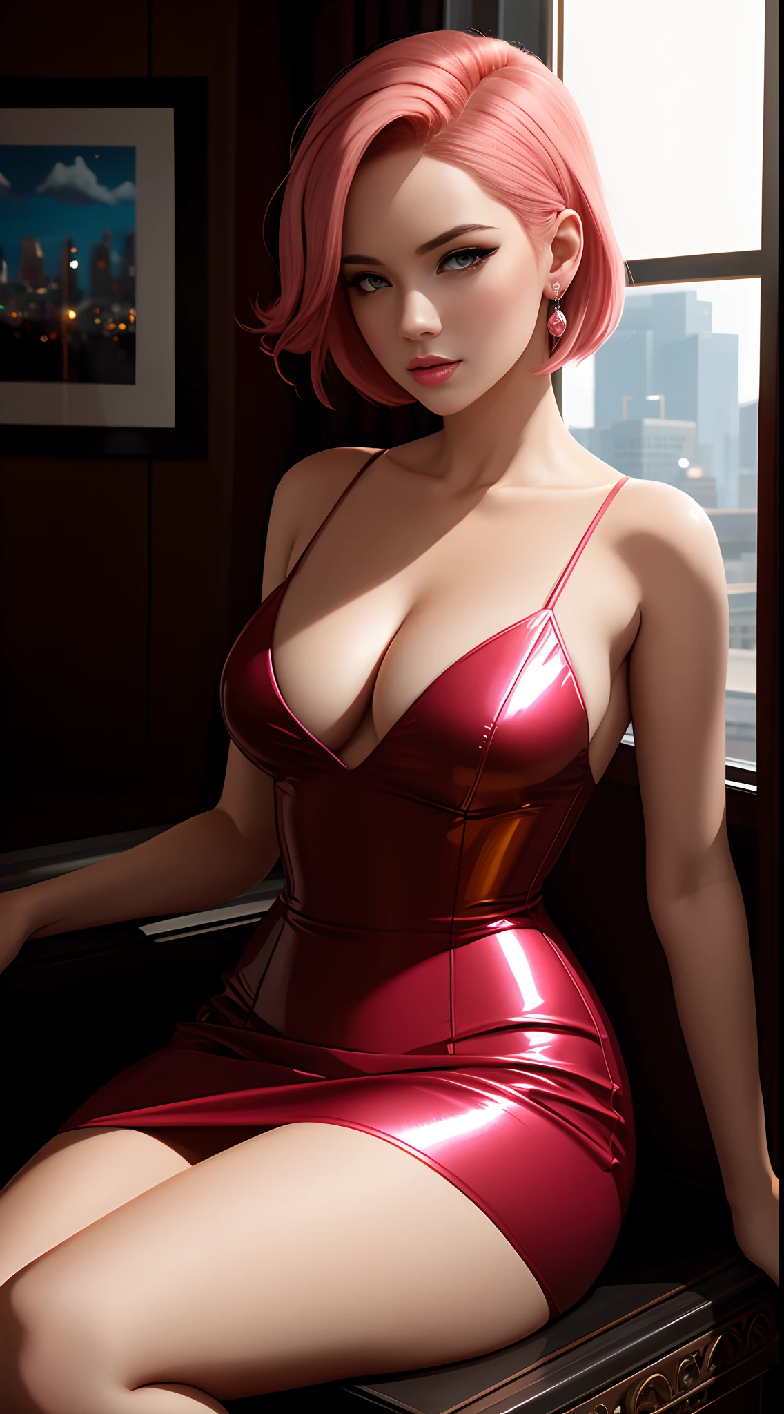Beautiful woman, seductive, sexy eyes, red dress, forehead to show, queen, pink hair, delicate, young, short hair, full body, from League of Legends, trend in artstation, by rhads, andreas rocha, rossdraws, makoto shinkai, laurie greasley, lois van baarle, ilya kuvshinov and greg rutkowski, highly detailed, high res, 8k