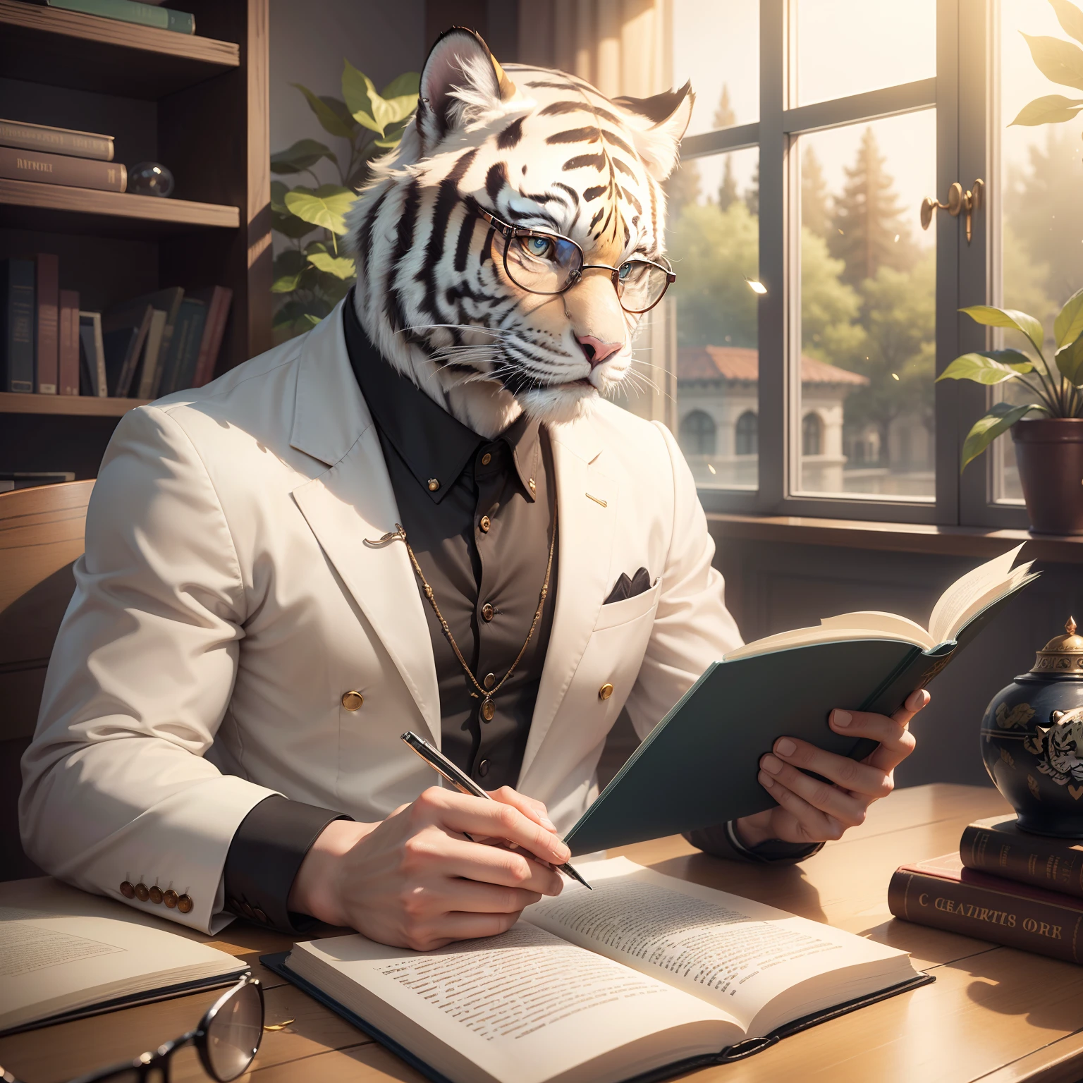 There is a white tiger that is sitting at a table with a book, intellectual tiger, bespectacled, !!!! Whitetiger!!!!, scholar,trying to read,!! wearing glasses!!, !!! Whitetiger!!!, some sparkles and specs, with glasses, looking cool and stylish heckin, serious business, librarian, cute whitetiger photo, super focused, amazing white tiger, reading glasses , realistic,  masterpiece, realism, tiger-hairy skin, top quality, focushairy fingers, focus hairy face and eyes, hairy fingers and wrist, render