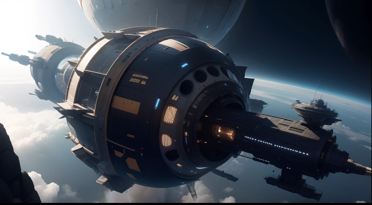 Create a colony spaceship, she's a giant, possui 10 km de altura, ela possui um tronco central onde funciona um elevador, and has 15 circular sections around the trunk. Futurismo, ultra realismo