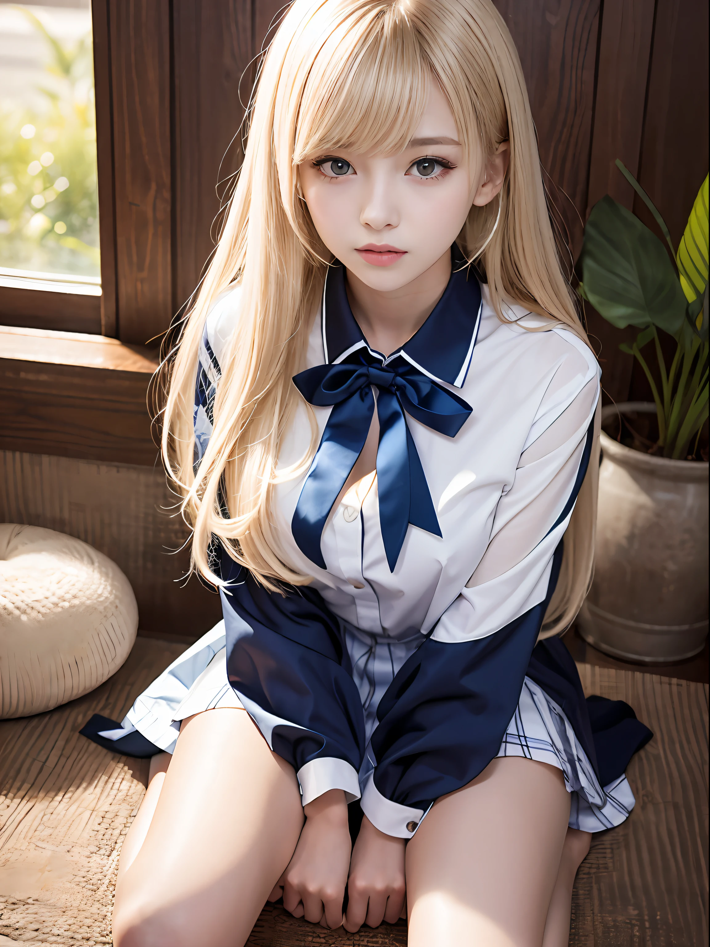 portlate、School Uniforms、bright expression、poneyTail、Young shiny shiny white shiny skin、Best Looks、Blonde reflected light、Platinum blonde hair with dazzling highlights、shiny light hair,、Super long silky straight hair、Beautiful bangs that shine、Glowing crystal clear attractive big blue eyes、Very beautiful nice cute girl、Lush bust、smil、full body seen、With slit、