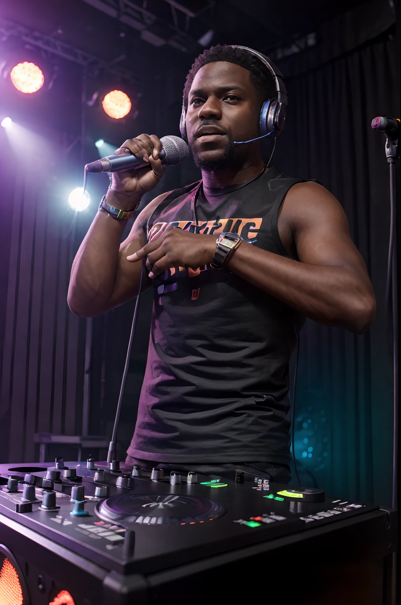 Upper body, (DJ with headphones and microphone: 1,4), mixing console, performing at a vibrant (music festival: 1,2) with (energy people: 1,1) and (stage lights colorful: 1.1),(cinematic lighting), RAW photo, 8K