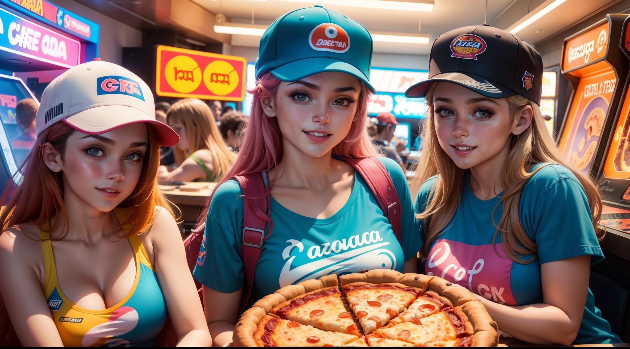 "Arcade games doa anos 80s themed pizzas, detalhada, cores vibrantes, Retro style, Ambiente divertido, garota sorridente comendo pizza, roupas na cor laranja e preto, Girl wearing cap, Pizzas deliciosas, sem estampa na camiseta, no printing on the lid, ."