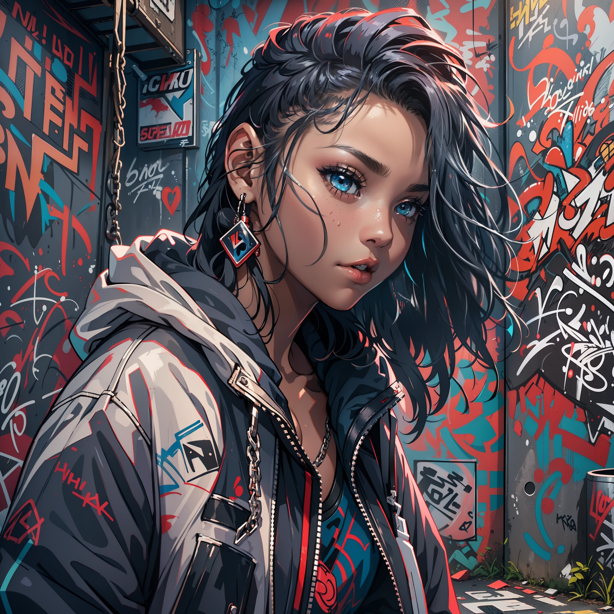 One Girl In A Back Alley、(Super Detail)、(8K)、((Hip Hop Fashion))、(graffiti wall)、(full body Esbian)、(hyperdetailed face)、(Cool Face)、(crouching down)