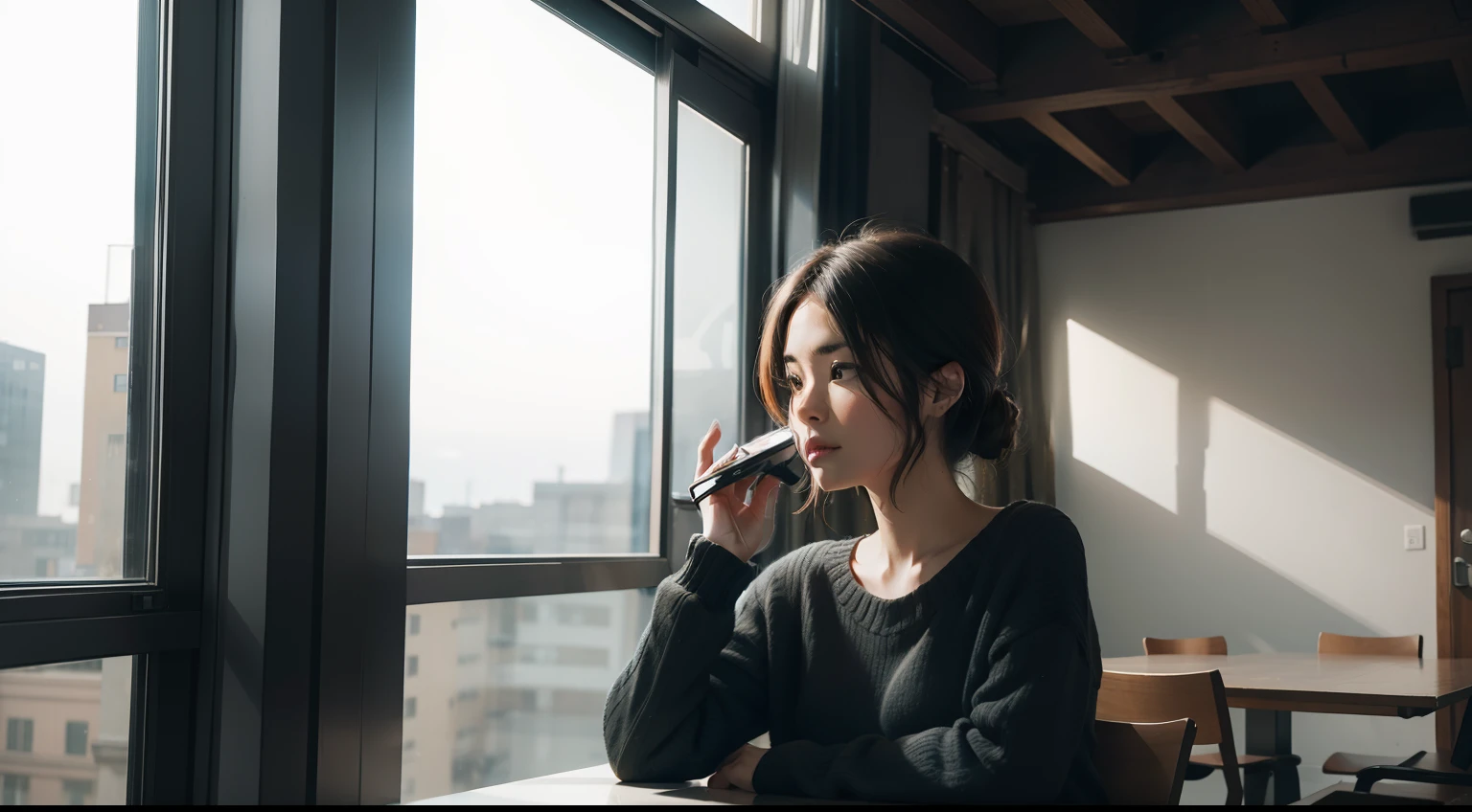 Inside the building,Woman on the phone,Looking out the window