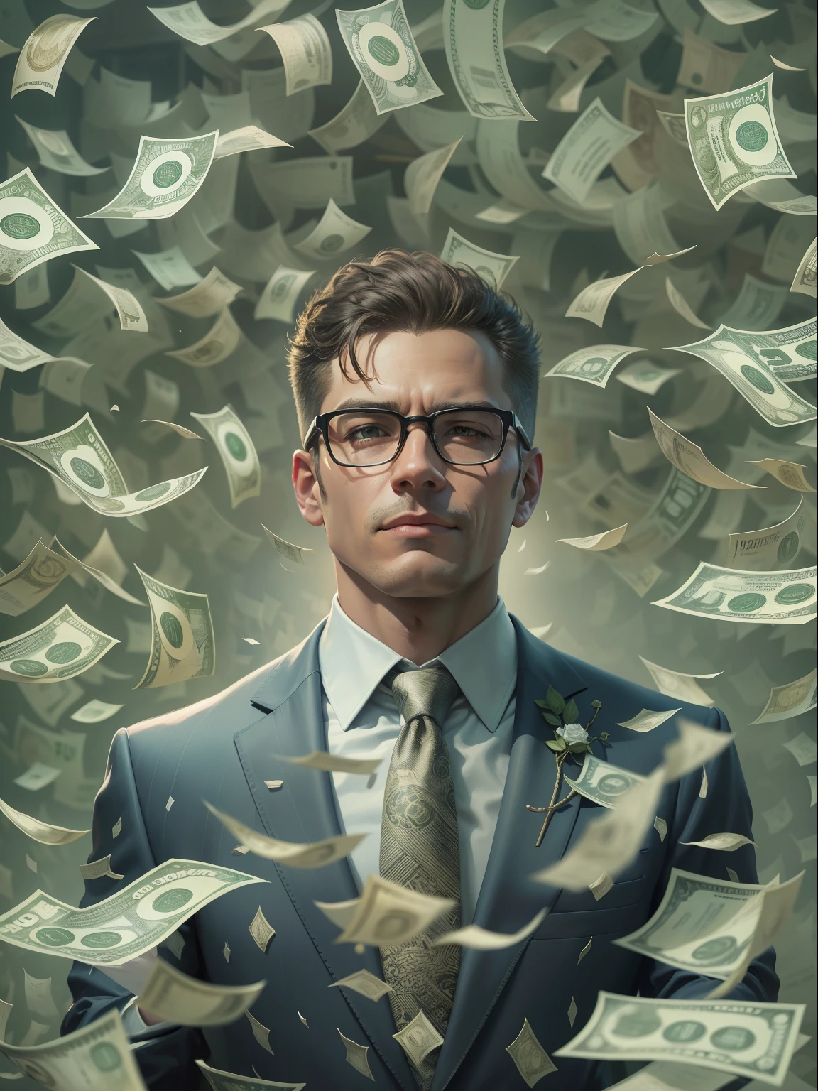 Detailed drawing of a person in a suit, Surrounded by gusts of wind of yen bills, In the book Formula of Economic Freedom in the center.