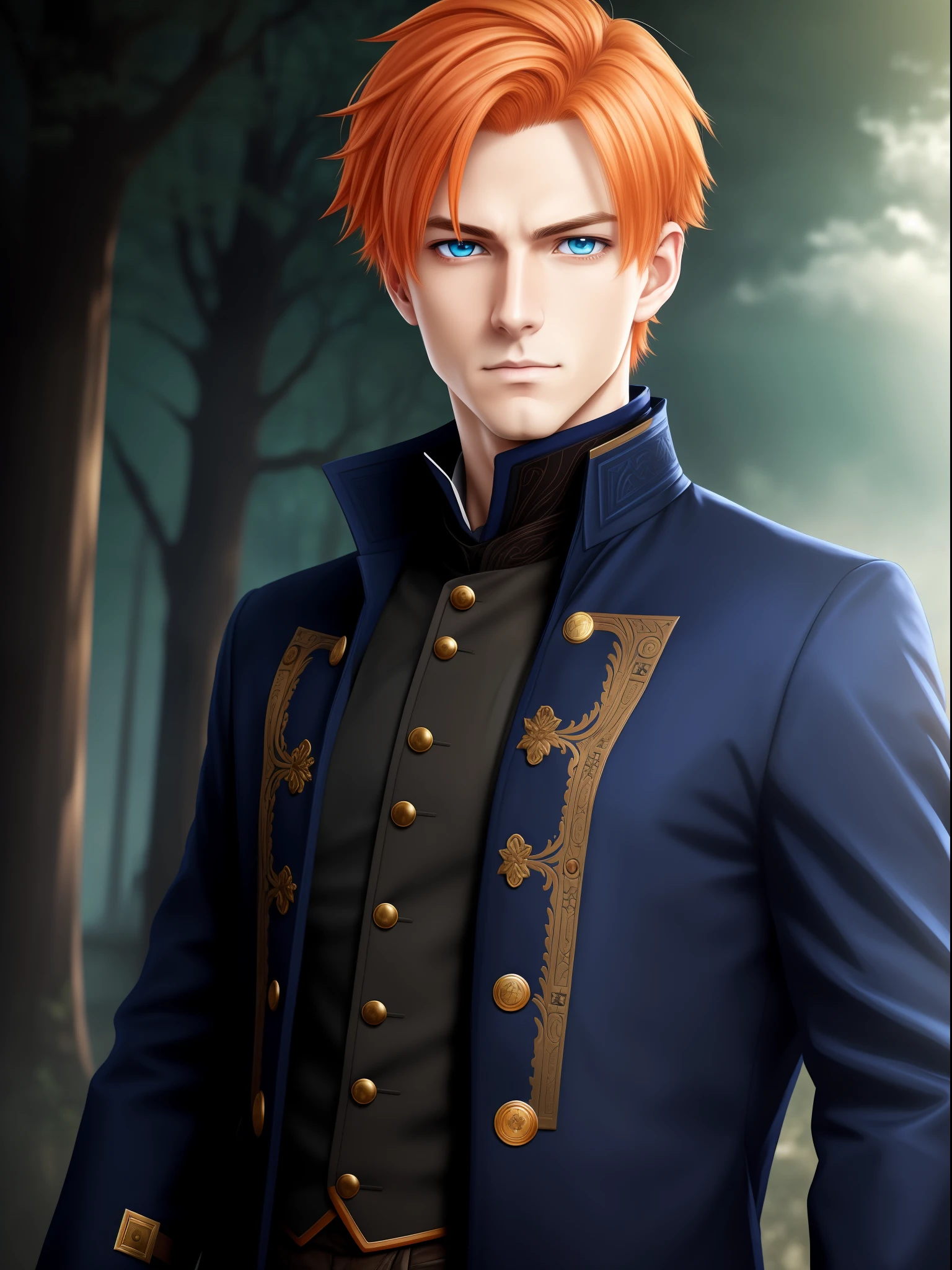 Portrait, closeup, anime style,Very handsome young man, masterpiece short light orange hair, indigo blue eyes, wearing long black Victorian jacket, greenish long sleeved shirt, with rpg world background