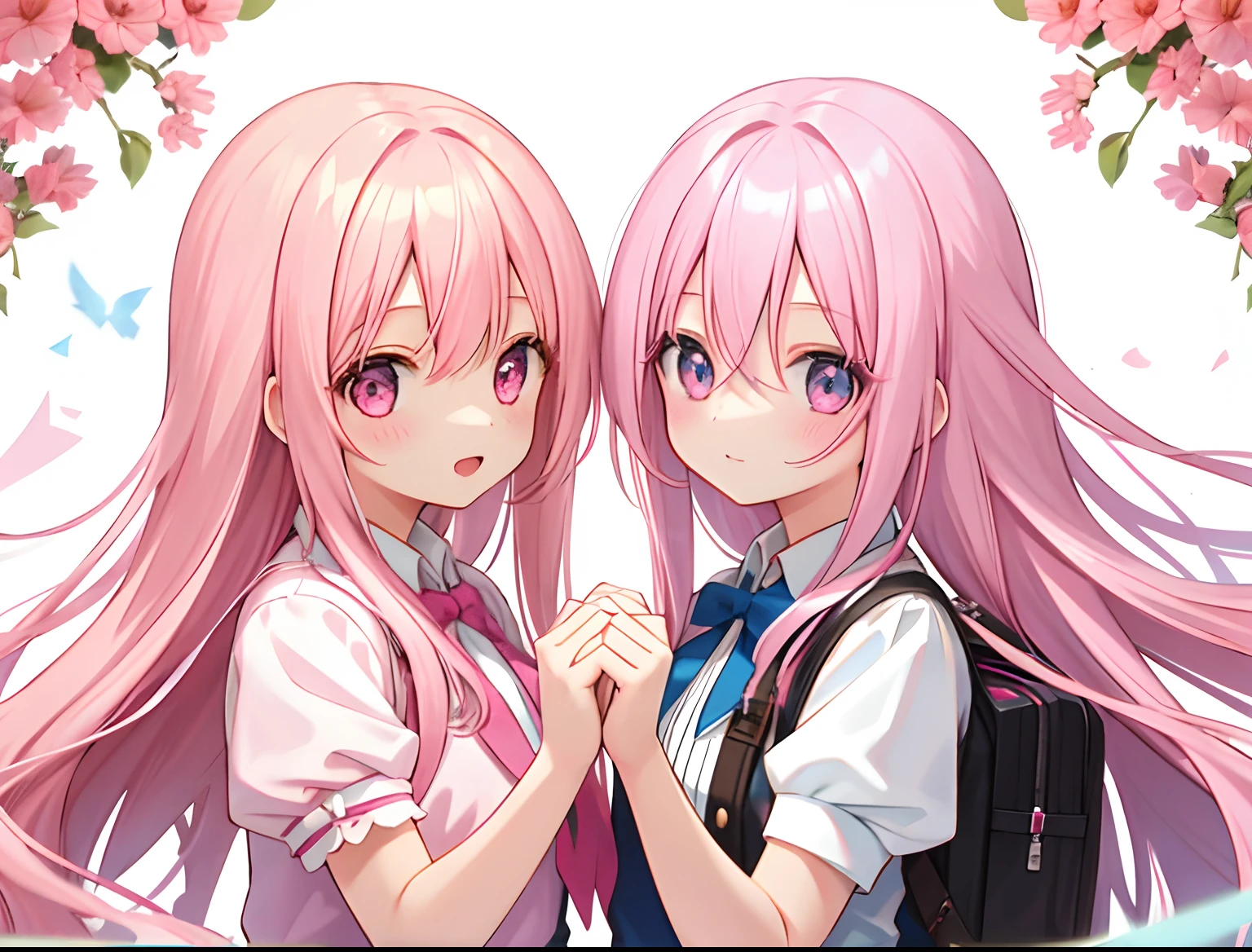 2girls,adolable,A pink-haired,long whitr hair,Symmetrical_docking