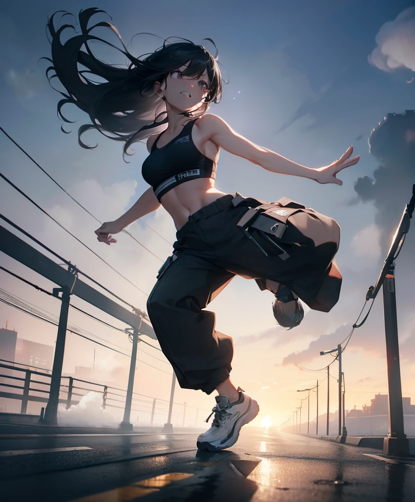 dance、Artistic jumps、break dance、Strenuous movements、Dynamism、Cyberpunk、Blade Runner atmosphere、Steam is coming out of the exhaust port on the road surface、The road surface is wet、独奏、Fluttering hair、Beautuful Women、a small face、abdominals、darkskinned、17 age、Bright smile、Half mouth open、White teeth are visible、(asymmetrical bangs、Brunette color、Hair over one eye、disheveled long hair)、(Cargo pants with line、Sportsbra、white sneaker)、(delicate detailed fingers、Detailed body、detailed arms、Human Hands)、(Detailed face) 、(in 8K、top-quality: 1.4、​masterpiece、 The ultra -The high-definition、 Top resolution,、ighly detailed、 profetional lighting、 Gray Light Lighting、Low angle from below、Blowing steam into the landscape、Fog in the landscape、Foggy、