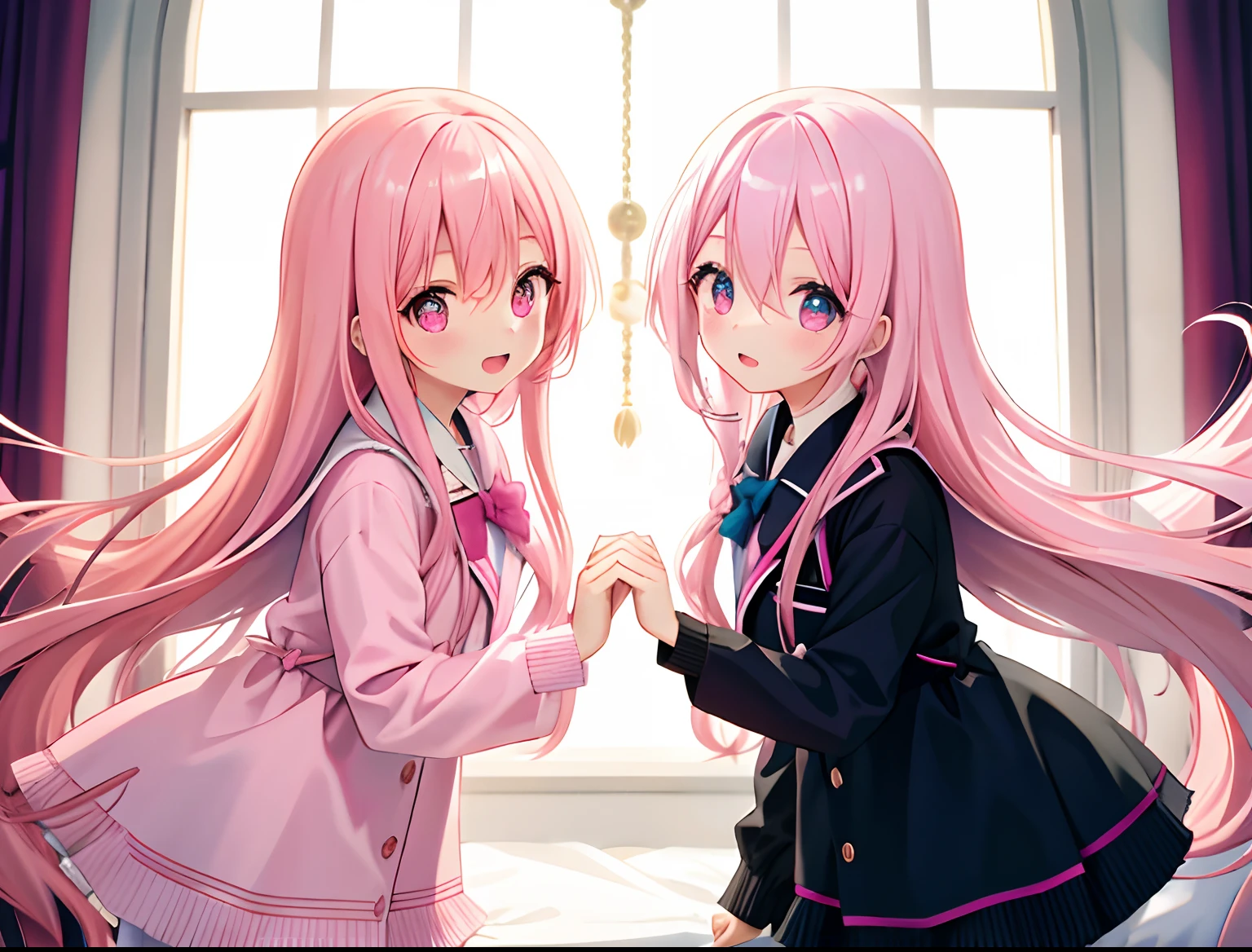 2girls,adolable,A pink-haired,long whitr hair,Symmetrical_docking