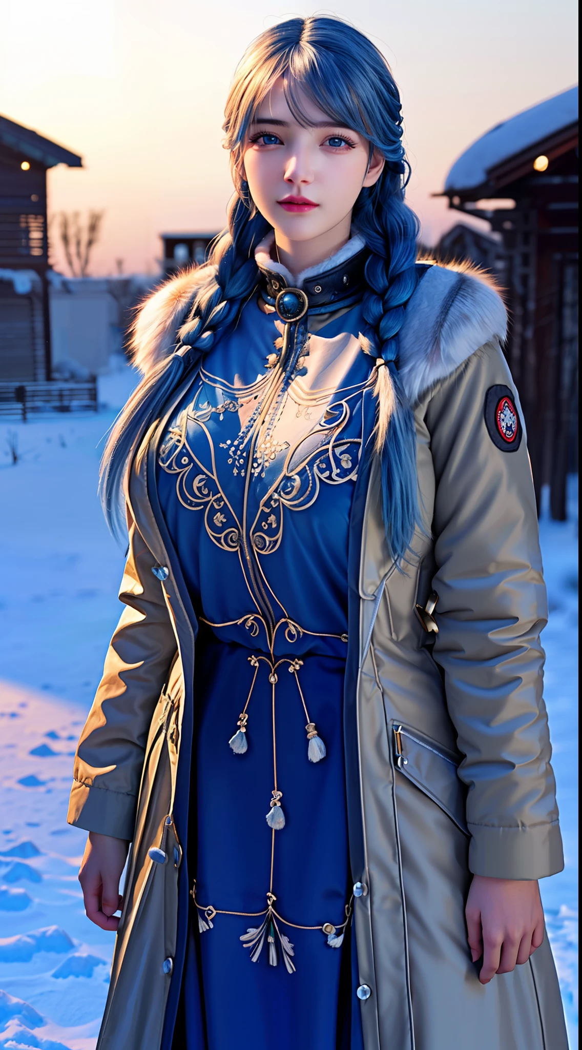 (hyperrealistic), (illustration), (high resolution), (8K), (extremely detailed), (best illustration), (beautiful detailed eyes), (best quality), (ultra-detailed), (masterpiece), (wallpaper), (photorealistic:1.4), (natural light), (rim lighting), (detailed face), high detailed realistic skin texture, anatomically correct, solo, 1 girl, (high detailed realistic long blue hair:1.5), (two braided hair:1.4), heterochromic eyes, (detailed blue eyes), small moles under the eyes, (realistic huge breasts:1.5), long legs, tight abs, dynamic pose, (closed mouth:1.37), (long winter Parka with fur only at the collar:1.4), (upon body from head to thighs:1.4), (Beautiful Cute Pakistani Woman:1.55), standing, outdoor, snowing, winter,