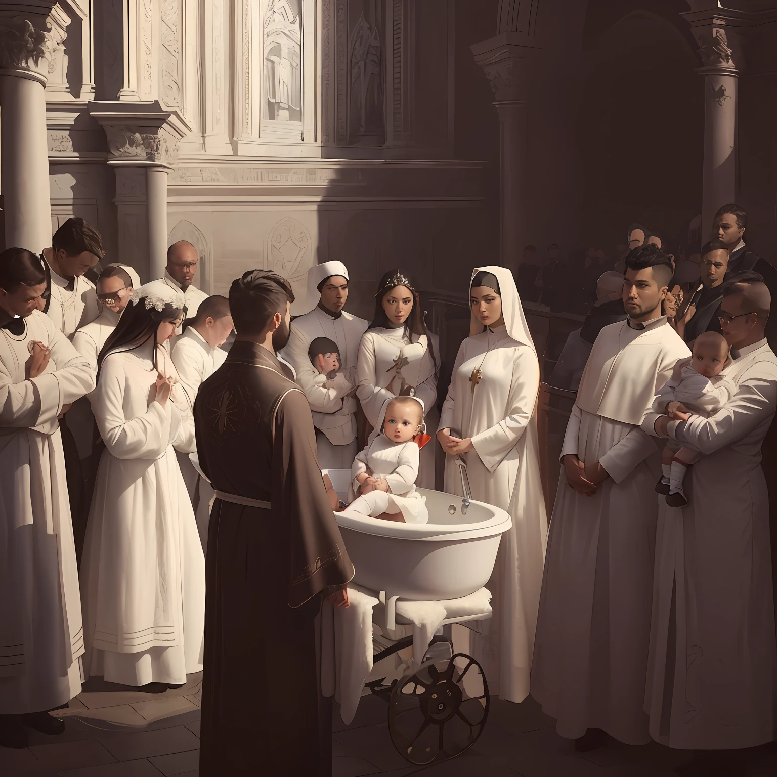 There are many people standing around a in a bathtub, Alexey Egorov, Directed by: Artur Tarnowski, Obra-prima de Guweiz, Arte no estilo de Guweiz, Directed by: Andreas Rocha, holy ceremony, batismo, em uma igreja. arstation, Guilherme H. Pongiluppi, Directed by: John La Gatta