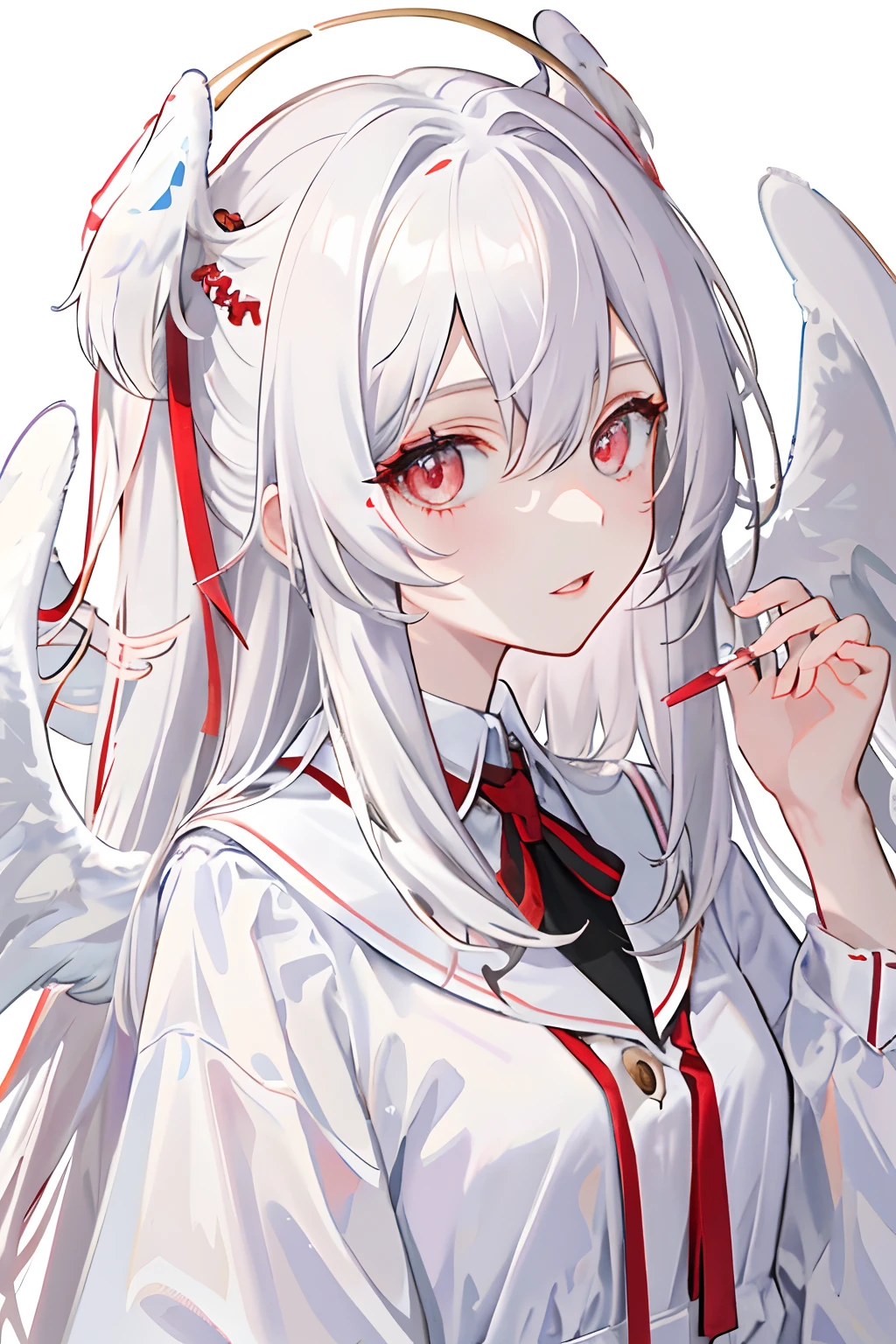 tmasterpiece,Best quality at best,1girl,Sateen,messy hair,White wings,white color hair,red color eyes,