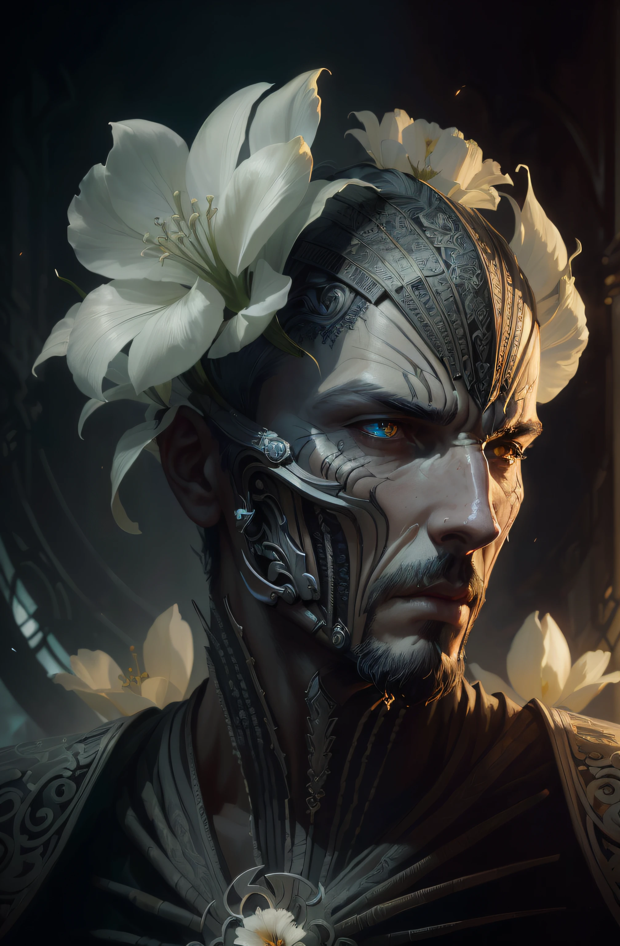 Il y a un homme avec une fleur dans les cheveux et une peinture faciale, detailed matte fantasy portrait, Portrait de concept art fantastique, inspired by Marek Okon, Portrait masculin fantastique, hyperdetailed fantasy character, Tendances sur ArtStation:3, Fantastique Art Behance, Ray Swanland, detailed portrait of a cyborg, epic fantasy art portrait, WLOP complexe