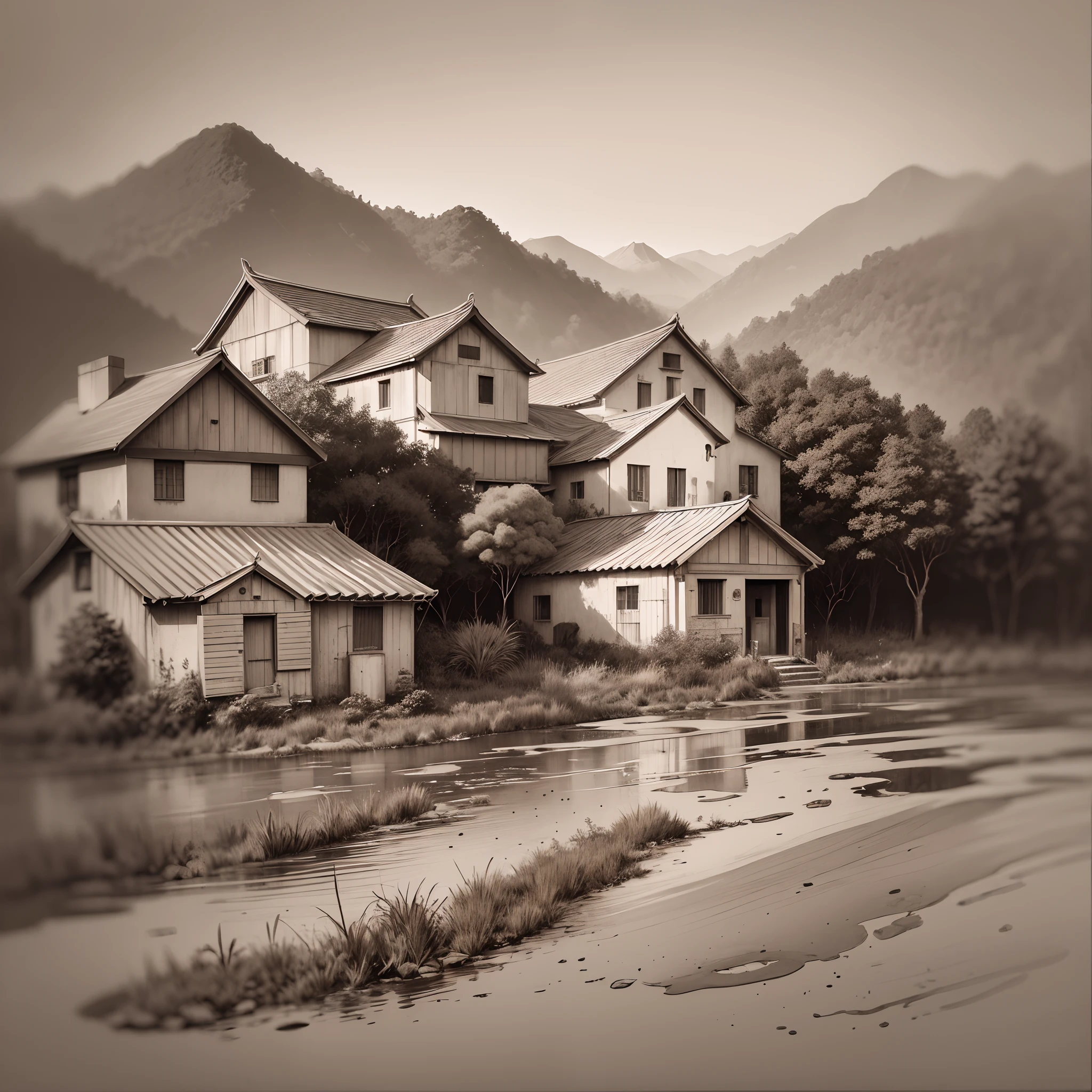 sepia ink wash Landscape of ancient villages in Ninh Binh Vietnam,  rocks, ponds, plum trees, pine trees, and mountains in the background, muted colors, wet on wet technique, sketch ink watercolor style with a splash of red by Wu Guanzhong, Truong Lo, Mary Jane Ansell, Agnes Cecile, muted splash art, ink splatter, faded dripping paints. sepia monochrome, soft impressionists brushstrokes --auto --s2