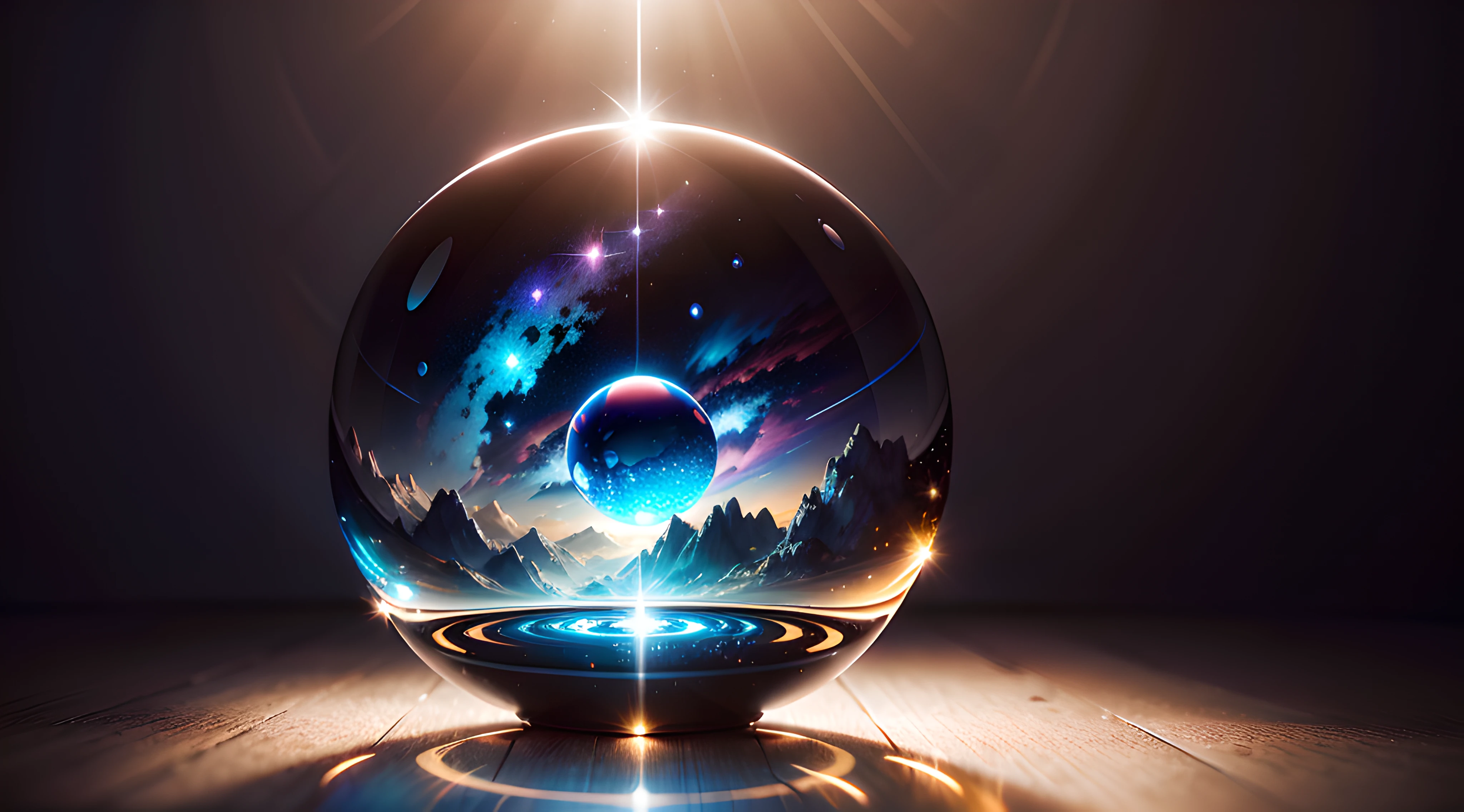 Por gentileza, Create a highly realistic surrealist image of a magical glass ball suspended in the air. A bola de vidro, with a diameter of approximately 20 centimeters, has a crystalline transparency, allowing a clear view of what's inside. The surface of the glass is carefully rendered, featuring small scratch marks, subtle irregularities and vivid reflexes.

The light falls on the glass ball from an oblique angle, creating a play of light and shadows that enhances every detail. The areas of greater transparency allow light to pass through the glass, resulting in a smooth and magical internal lighting effect. The areas with the highest density of glass, por sua vez, generate more intense reflections and light deviations that add depth to the surface.

External reflections are also prominent: the image captures the reflection of the surrounding environment on the glass surface, incluindo elementos surreais que evocam o cosmos. Estrelas brilhantes, Planets and nebulae are visible in the reflection, creating a fascinating contrast between earthly reality and the magic of space.

The depth of field is controlled to focus on the glass ball and highlight every impressive detail. The colors of the image are rich and vivid, intensifying the sense of mystery and charm. Resolution is set to 8K UHD to ensure maximum quality and detail.

The result will be a masterpiece that conveys the wonder of the magical glass ball, combinando realismo e surrealismo de maneira impressionante. The image captures not only the beauty of the object, but also the magical atmosphere that surrounds it
