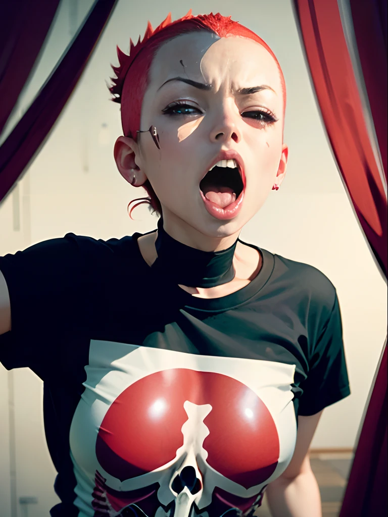 Red round shaved head、1girl in ( Screaming),Reaching the climax:1.0,Open your eyes wide, short-cut、masutepiece、Bottoms are randomly generated、( Skeleton illustration printed shirt )、put out the tongue、Background bokeh:1.5