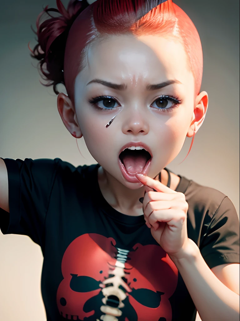 Red round shaved head、1girl in ( Screaming),Reaching the climax:1.0,Open your eyes wide, short-cut、masutepiece、Bottoms are randomly generated、（ Skeleton illustration printed shirt ）、put out the tongue、Background bokeh:1.5