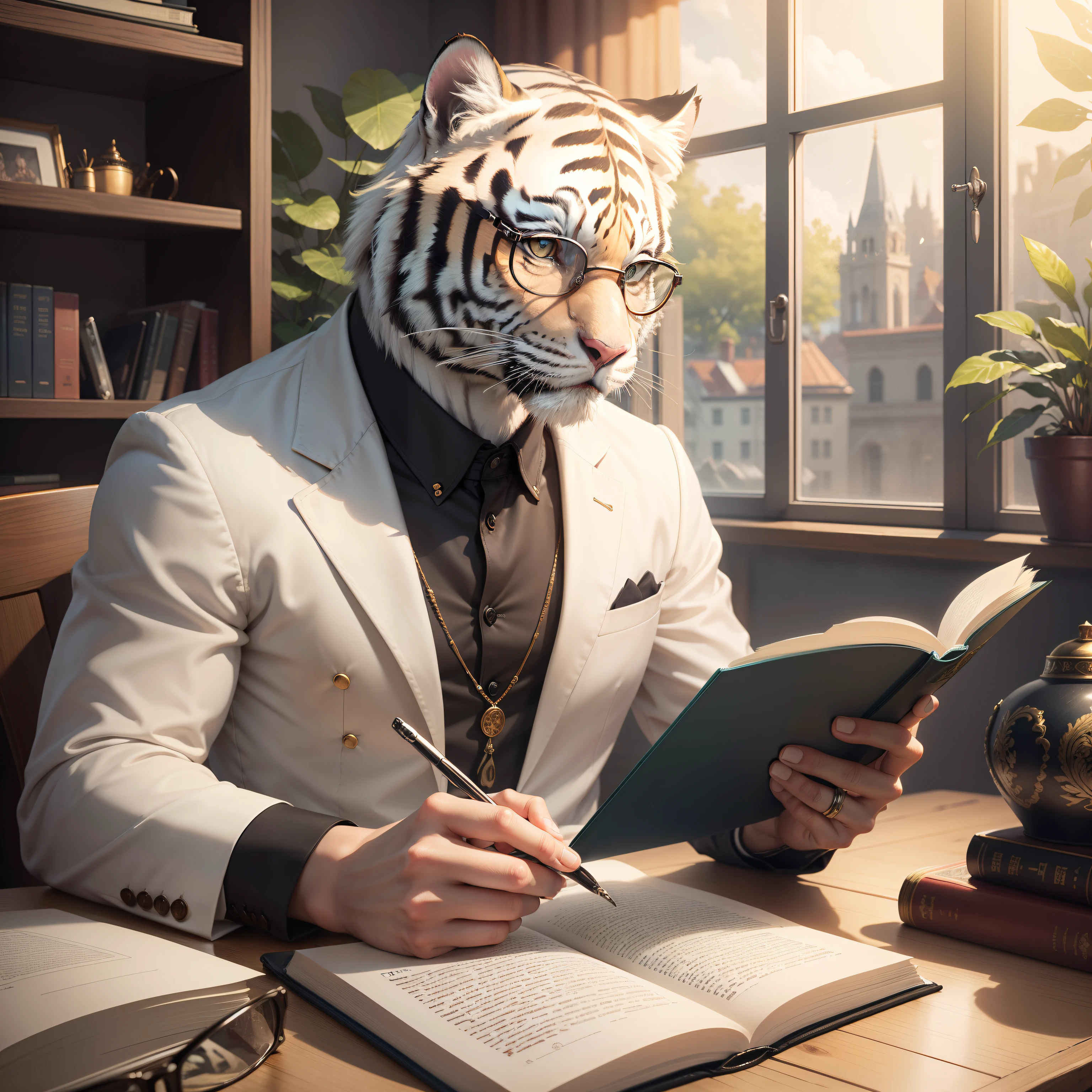 There is a white tiger that is sitting at a table with a book, intellectual tiger, bespectacled, !!!! Whitetiger!!!!, scholar,trying to read,!! wearing glasses!!, !!! Whitetiger!!!, some sparkles and specs, with glasses, looking cool and stylish heckin, serious business, librarian, cute whitetiger photo, super focused, amazing white tiger, reading glasses , realistic, masterpiece, realism, tiger-hairy skin, top quality, focushairy fingers, focus hairy face and eyes, hairy fingers and wrist, render