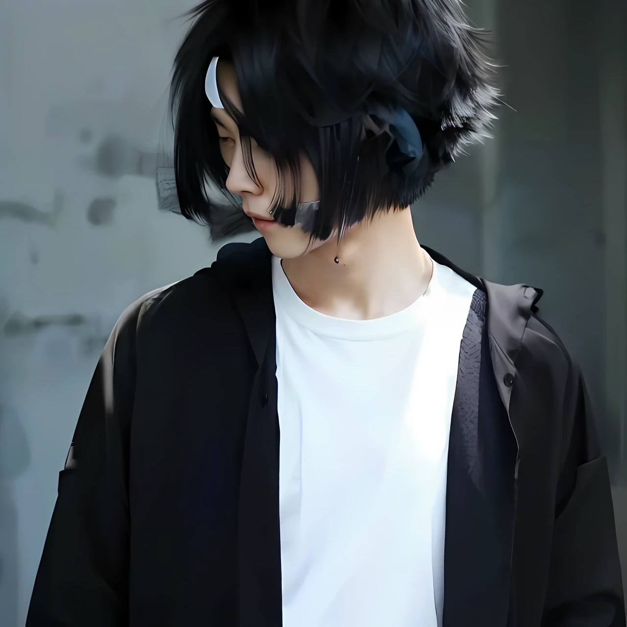 Asian man in black hair and white shirt looked down, Men with short hair,Disheveled black hair, Short black hair, with short black hair,black bob cut hair, black bob haircut