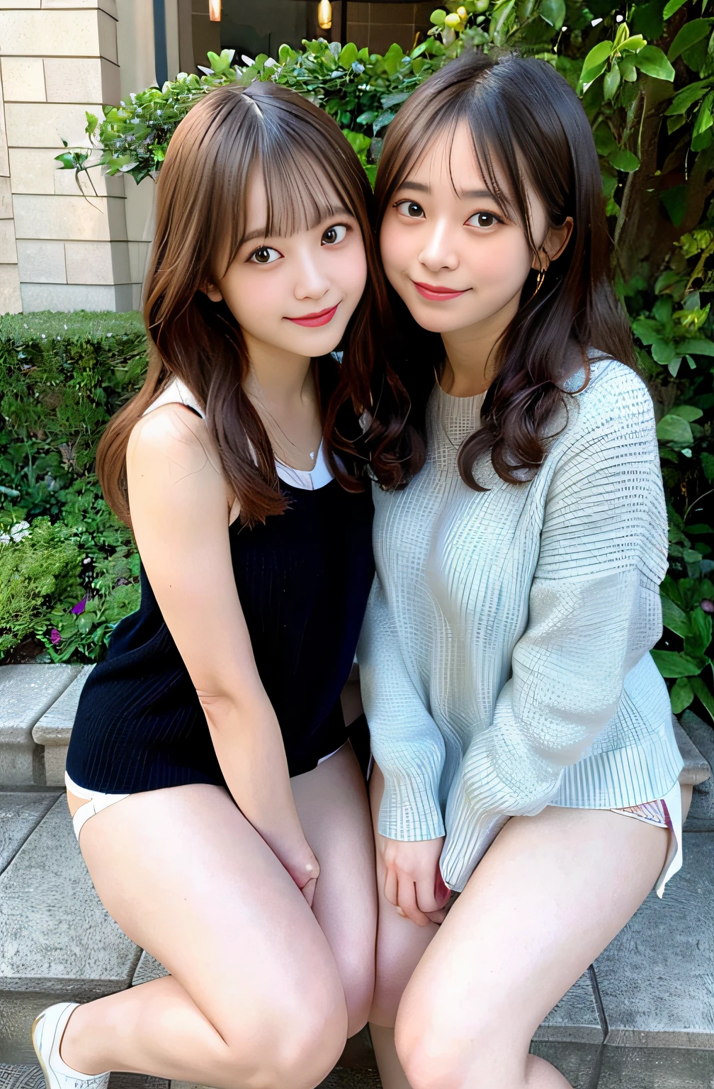 masterpiece, Better Quality, hight resolution, Two girls side by side,knit、Waki is visible、full body Esbian、the kiss、Curly hair, A smile,happily face, sweat drop,(huge-breasted:1.1)、thighs thighs thighs thighs
