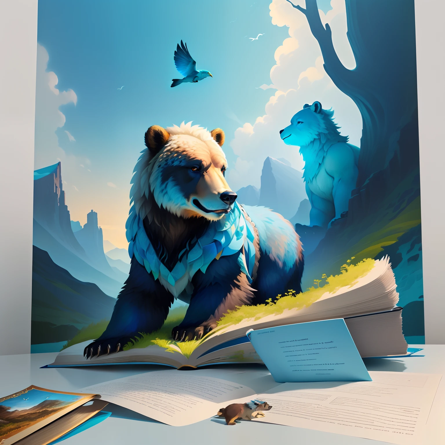 https://www.seaart.ai/explore/detail/cjb28k14msb8254bb44gPainting of a grizzly bear with a blue bird by its side book illustration, storybook illustration, children's book illustration, art illustration, Beeple and Jeremiah Ketner, Feng Zhu