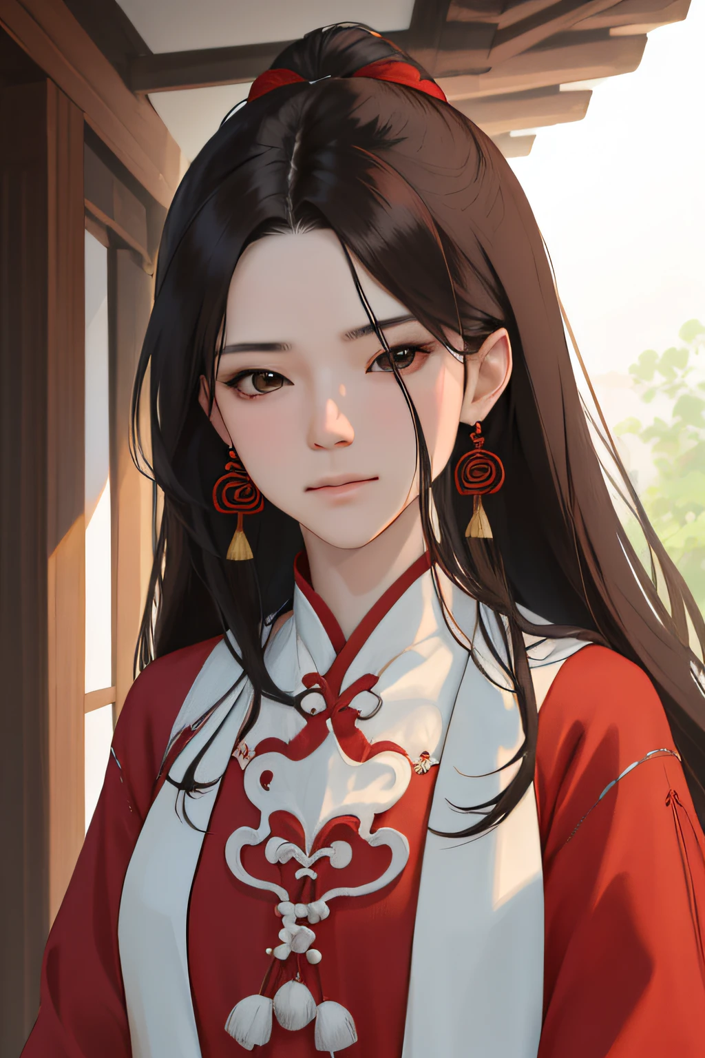 NSFW, obra-prima, melhor qualidade, ultra-detalhado, semi-realista, detailedfacialfeatures, 1woman,usando roupas velha wuxia,voluptuosa,sensual,cabelos negros longos,roupa vermelha  escura,arrogante