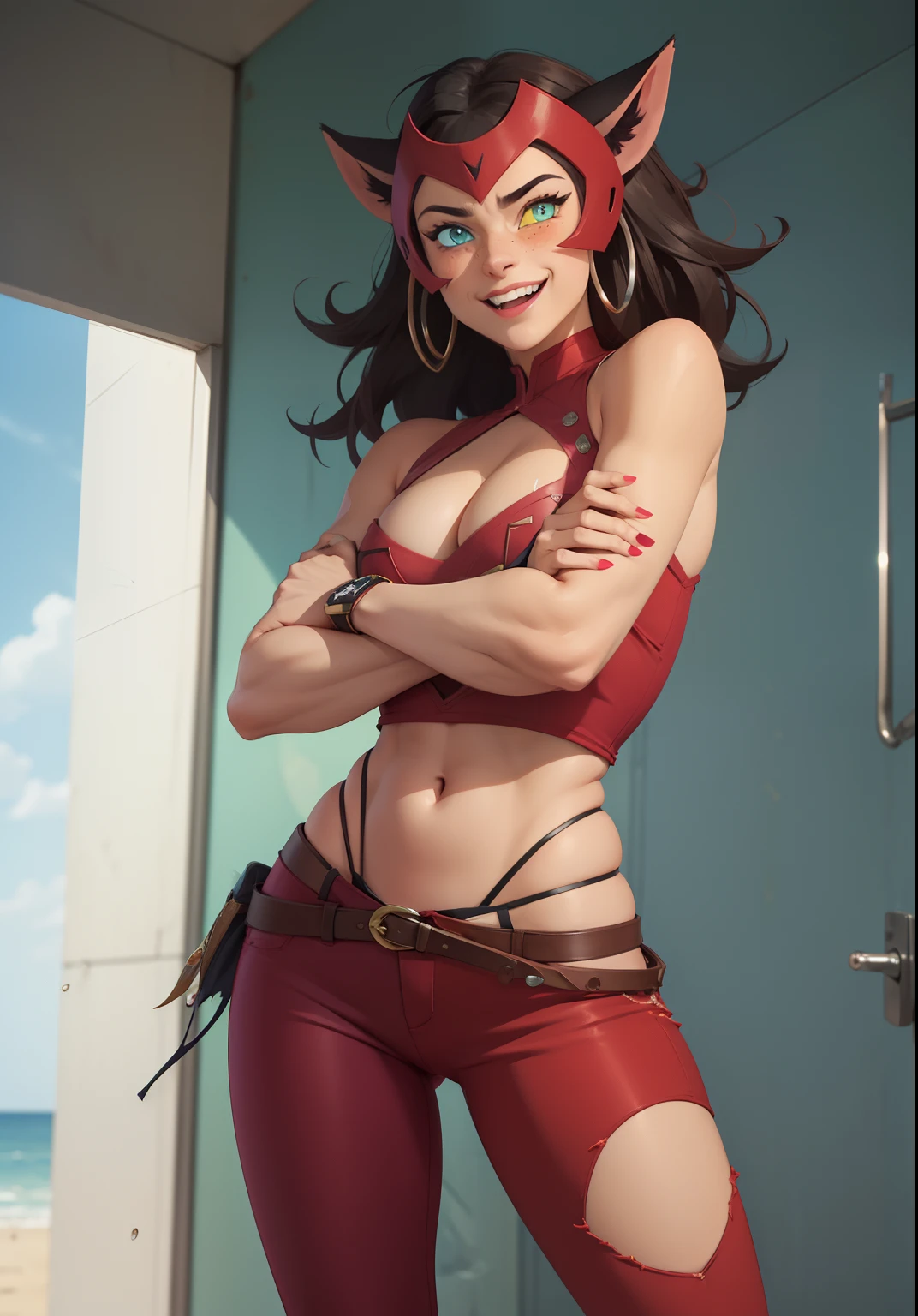 (master part, best quality:1.2),cowboy shot,sozinho,1girl,catra,sorrir,Olhando para o Viewer, possando, ripped red pants Heterochromia,esclera colorida,manga,bareshoulders, sorriso maroto, villain pose