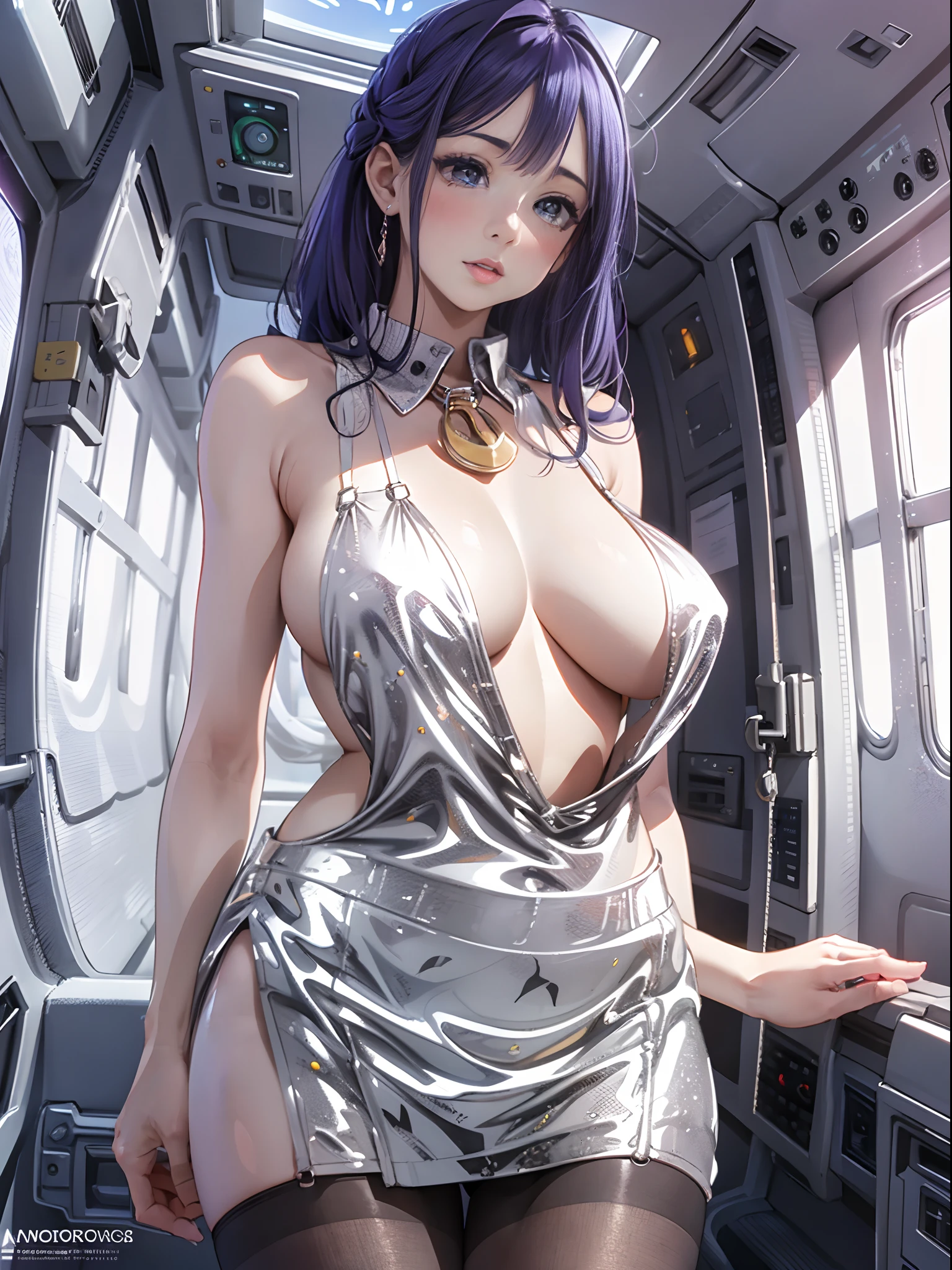 In the plane, Female flight attendant, standing, Tray in hand:1.2), (tight fit clothes:1.2), (Tight white vest:1.4), (Wear a white vest over a naked body:1.1), (Delicate white lingerie mini skirt 1.4), (Wear a short purple skirt over pantyhose,The chest is large),(Love print on vest), (Hang the neckline:1.2), bare shoulders, Plump big breasts,Perfect body slim curves,blush,