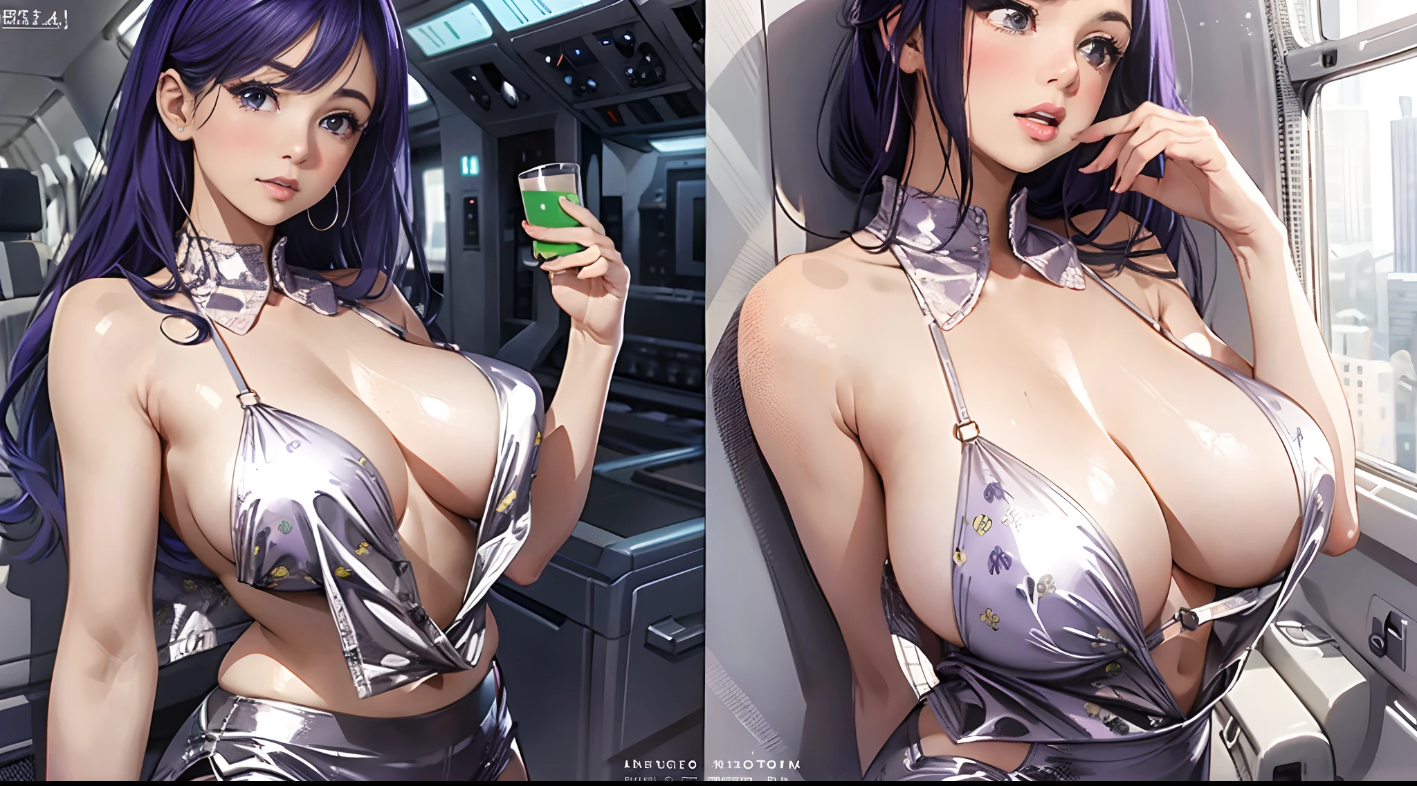 In the plane, Female flight attendant, standing, Tray in hand:1.2), (tight fit clothes:1.2), (??????????? vest:1.4), (Wear a white vest over a ??????????:1.1), (Delicate white lingerie mini skirt 1.4), (Wear a short purple skirt over pantyhose，The ????? is large),(Love print on vest), (Hang the neckline:1.2), ???? shoulders​, Plump ???????????，Perfect body slim curves，blush，